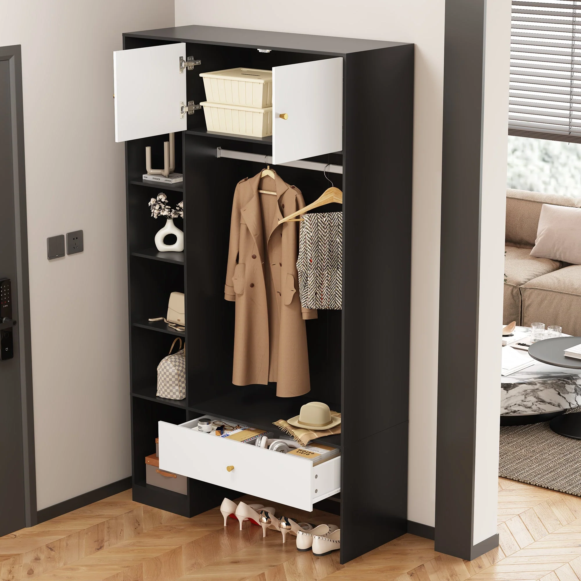 Compact Wardrobe Set 2 Doors 6 Compartments Clothes Rail Drawer Black and White - Image 6