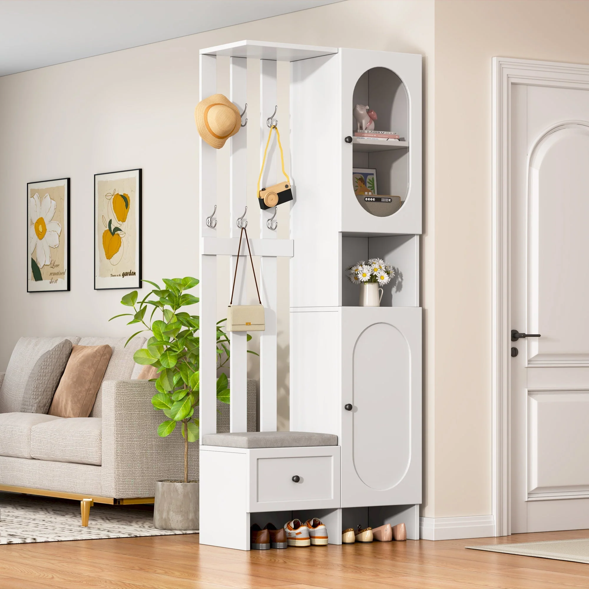 Compact Wardrobe Set with 2 Cabinets, Tempered Glass, Shoe Bench & Cushion, White - Image 2
