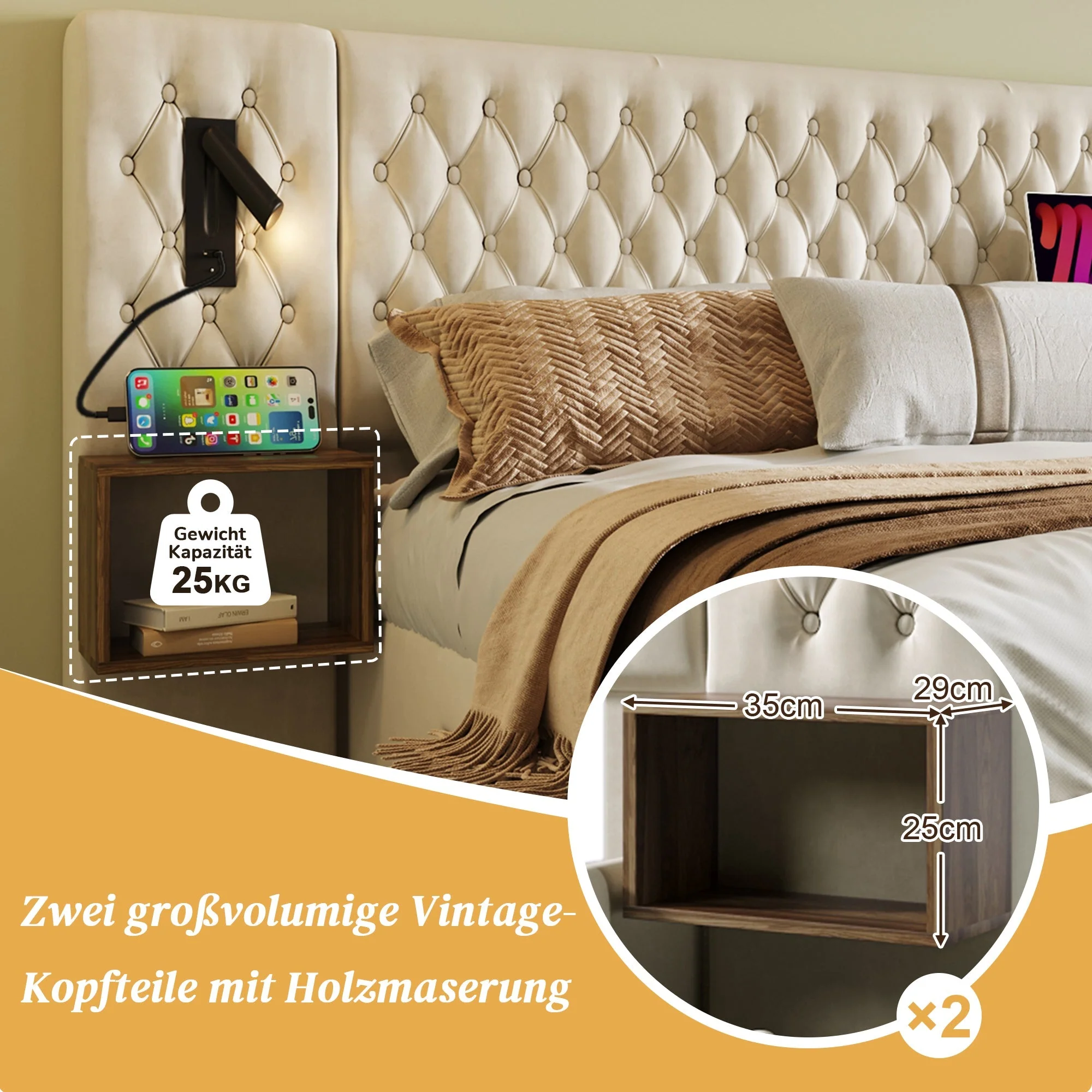 Complete Bedroom Bed Set with 180x200cm Double Bed, 2 Bedside Tables, 4 Drawers and USB Reading Light, Beige Velvet - Image 3