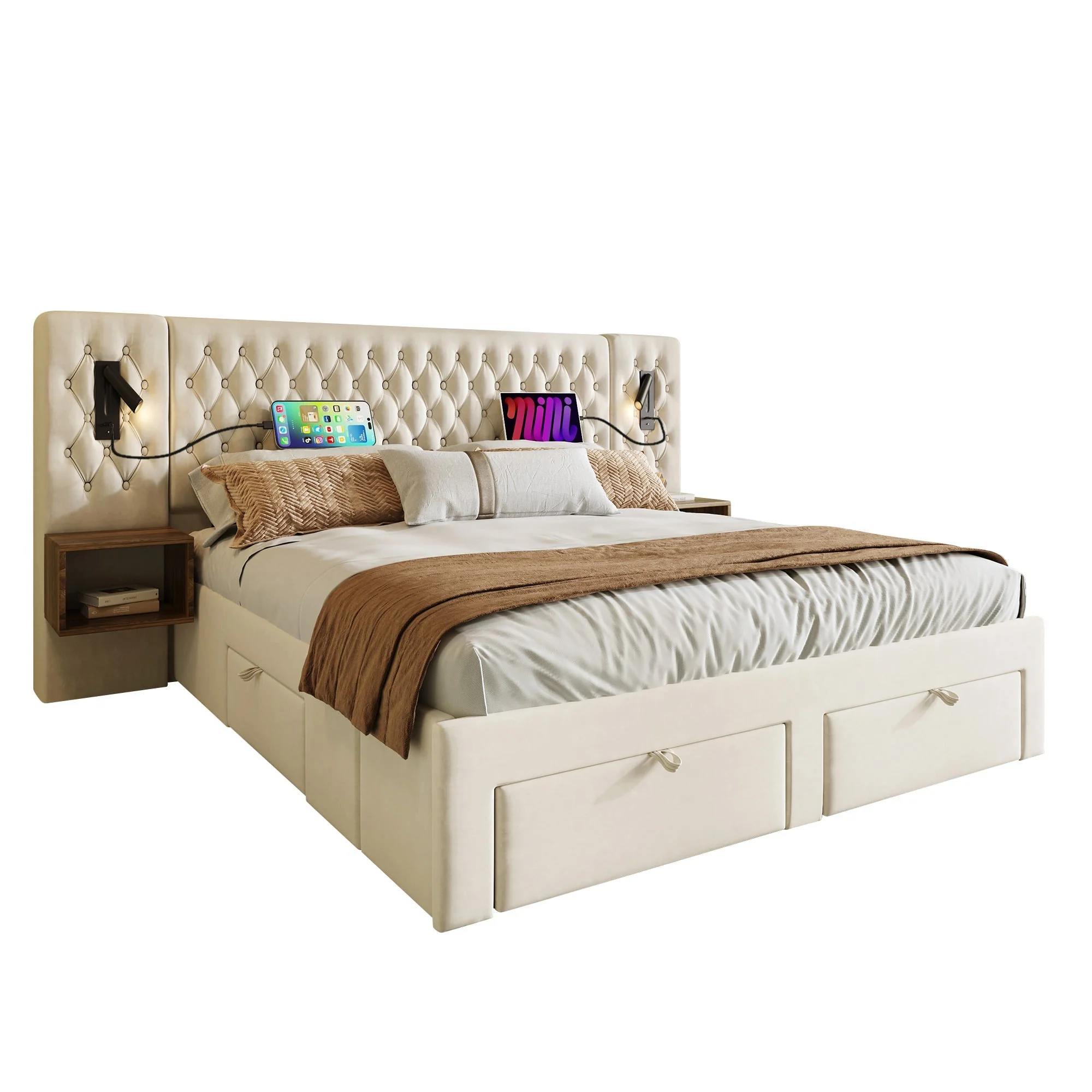 Complete Bedroom Bed Set with 180x200cm Double Bed, 2 Bedside Tables, 4 Drawers and USB Reading Light, Beige Velvet - Image 7