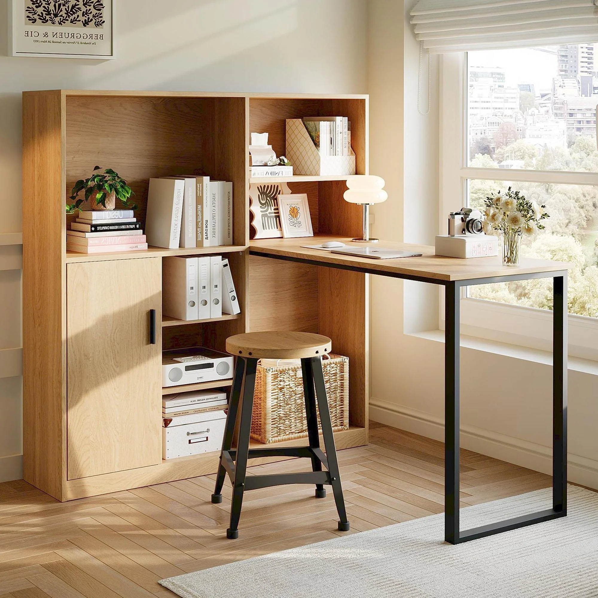 Computer Desk, Shelf & Cupboard, Work Table, Natural 120cm - Image 3