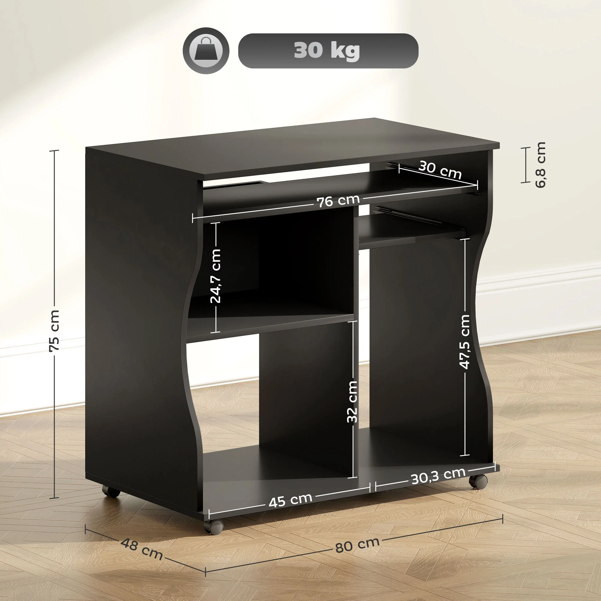 Computer Desk with Wheels, Keyboard Tray, Storage, Black - Image 3