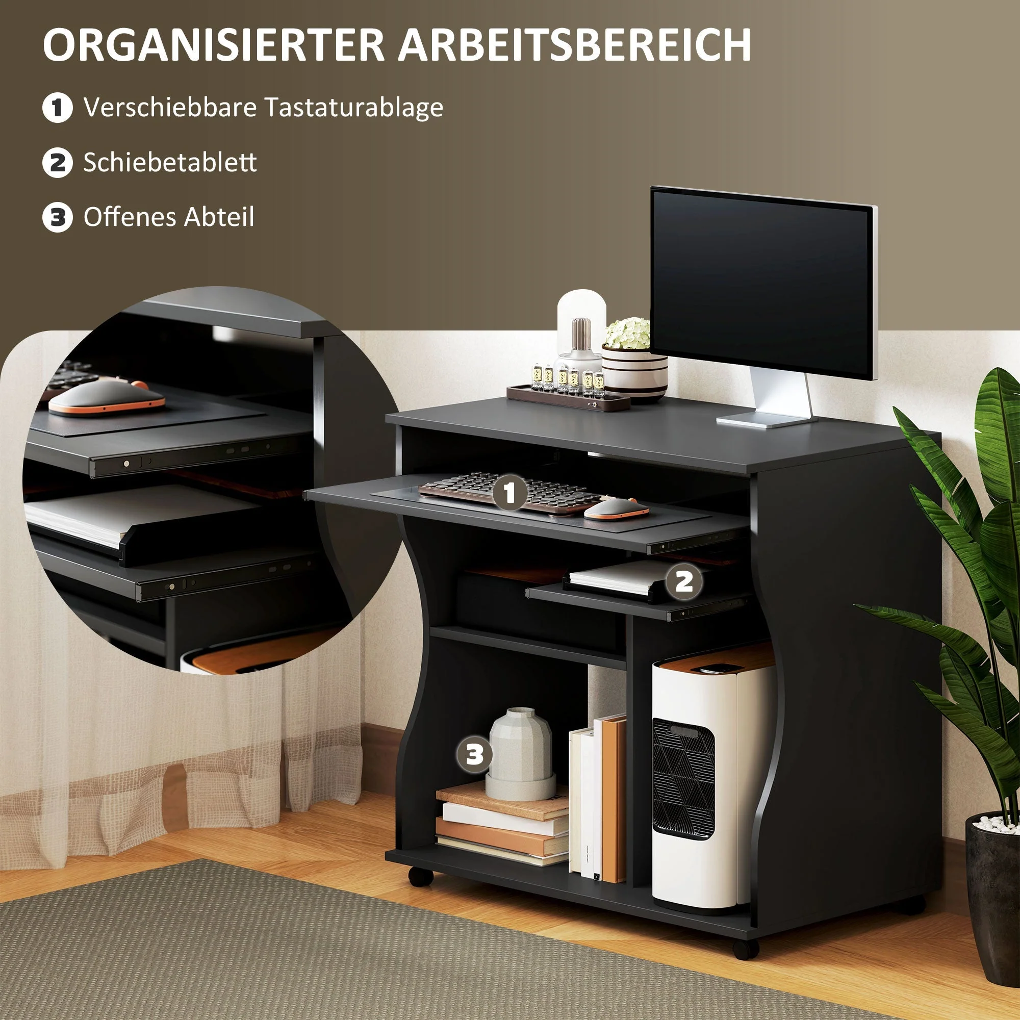 Computer Desk with Wheels, Keyboard Tray, Storage, Black - Image 4