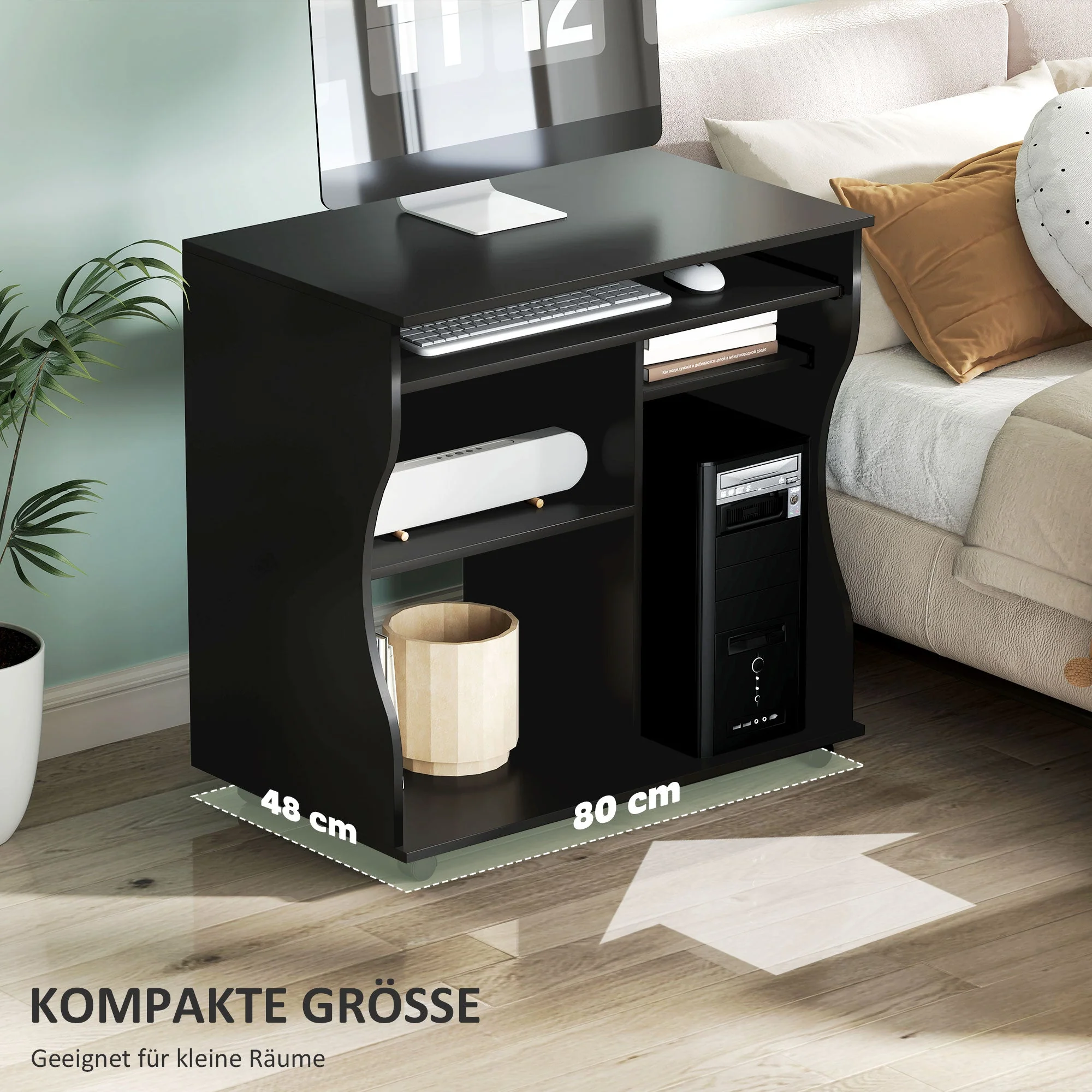 Computer Desk with Wheels, Keyboard Tray, Storage, Black - Image 6