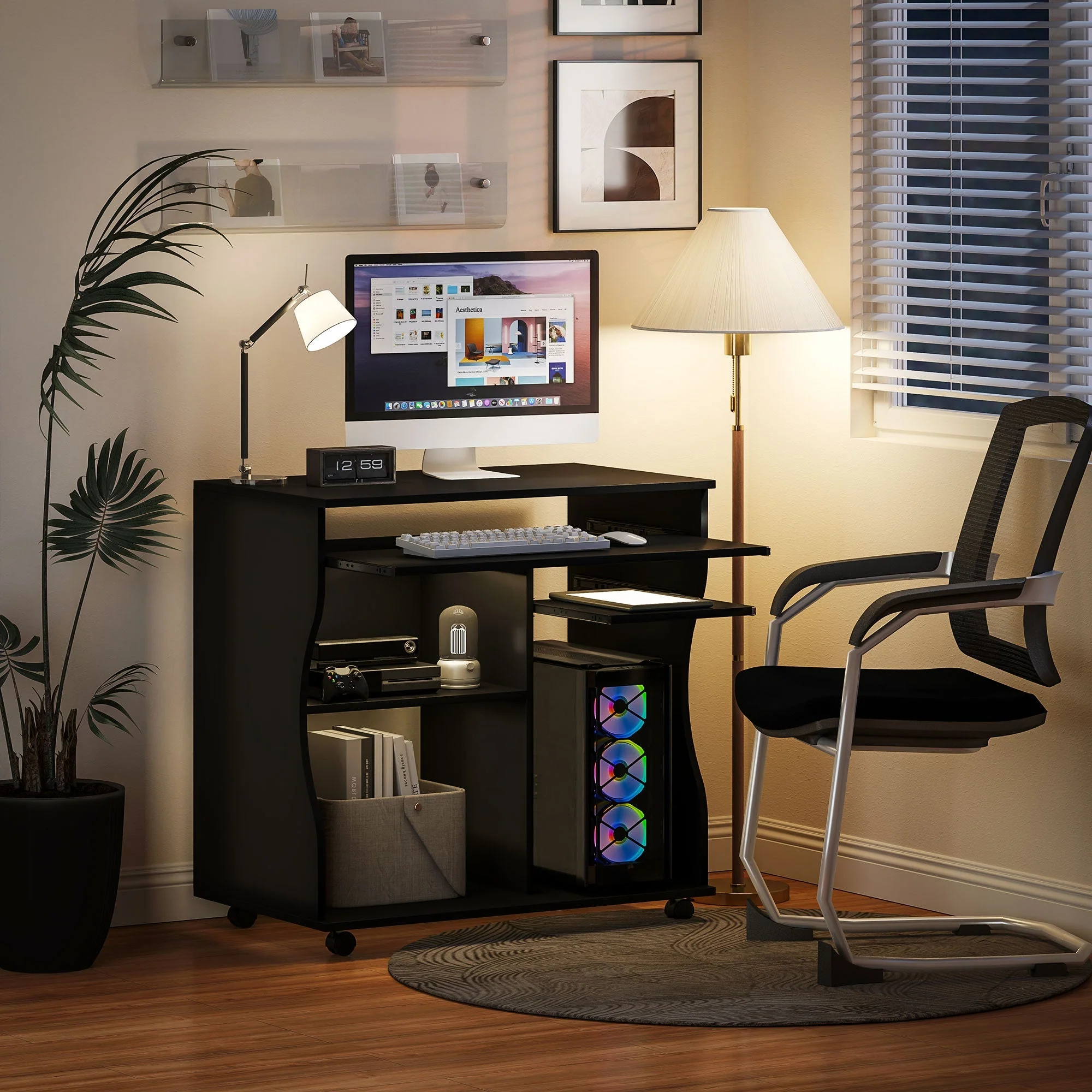 Computer Desk with Wheels, Keyboard Tray, Storage, Black - Image 8