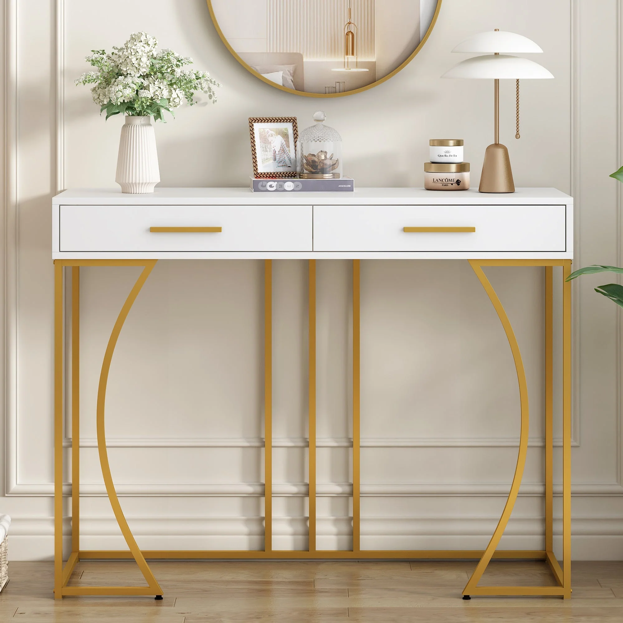 Console Table 2-Drawer Luxury Hallway Side Table 110x32x85 cm White/Gold - Image 3