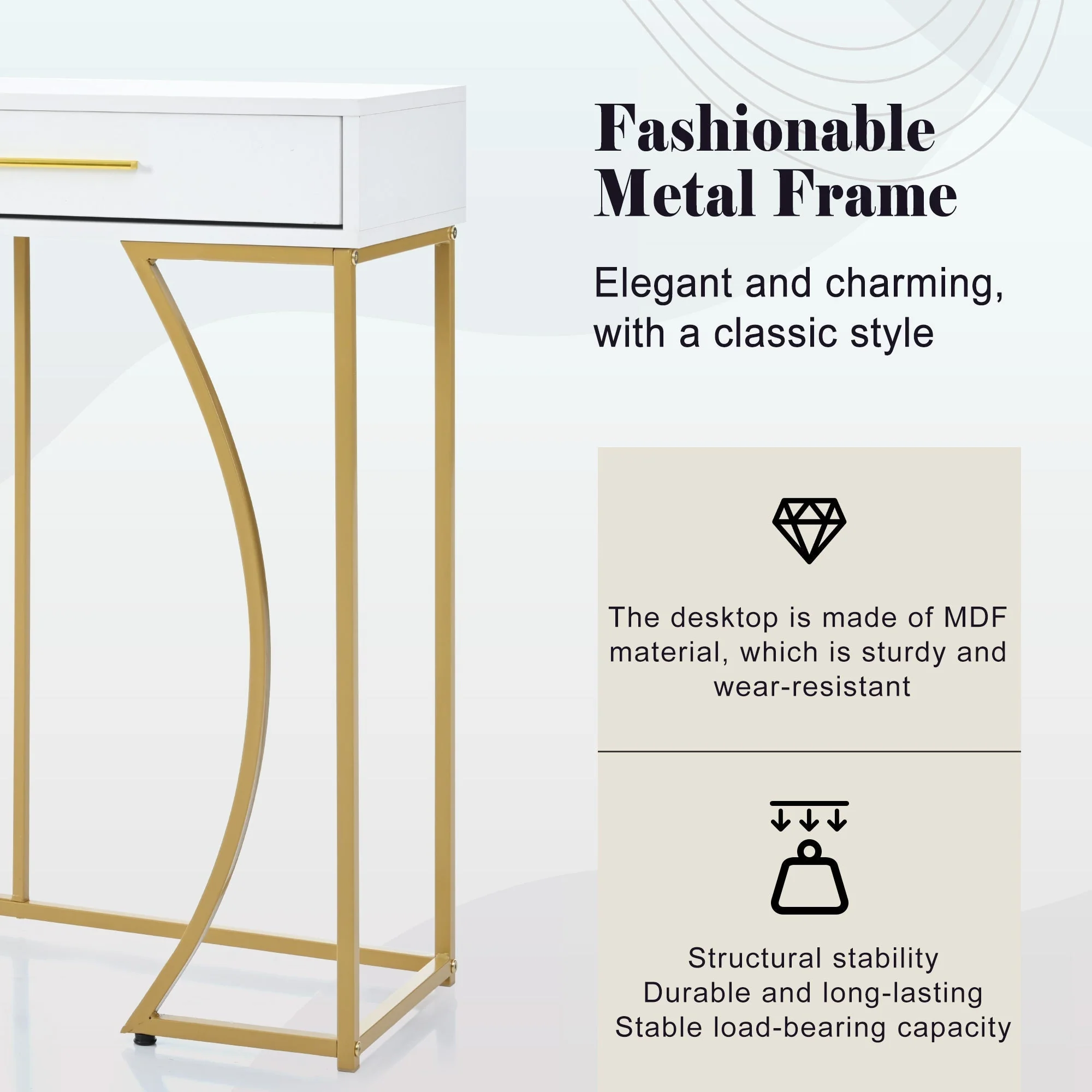 Console Table 2-Drawer Luxury Hallway Side Table 110x32x85 cm White/Gold - Image 8