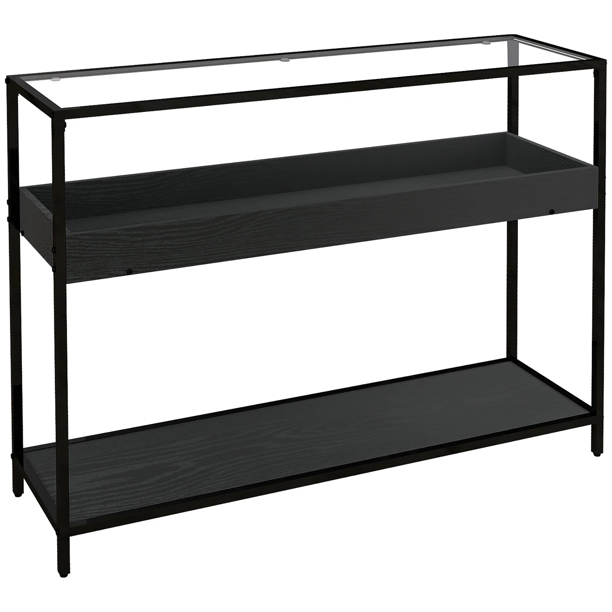 Console Table, 2 Shelves Glass Top, Steel Black - Image 2