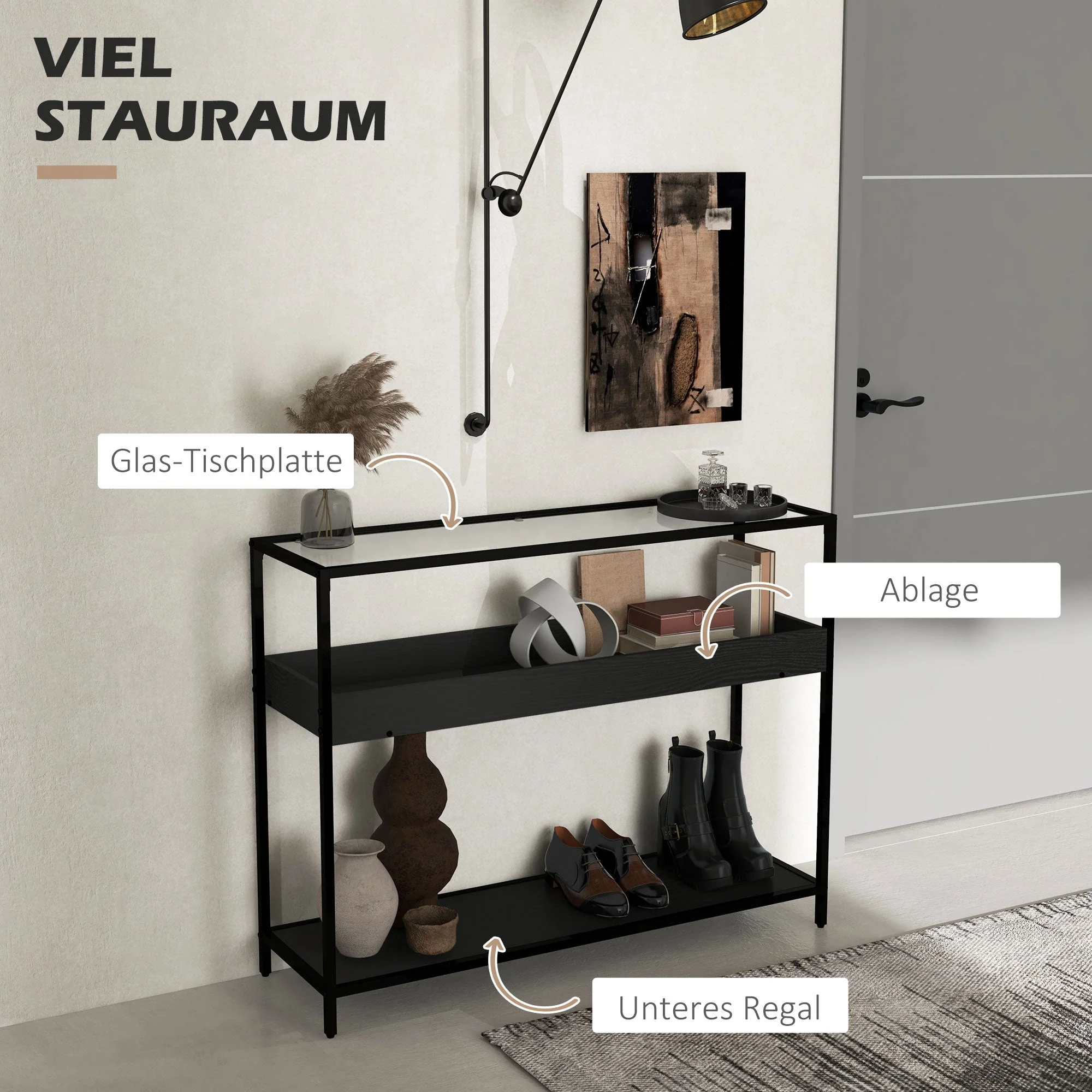 Console Table, 2 Shelves Glass Top, Steel Black - Image 4