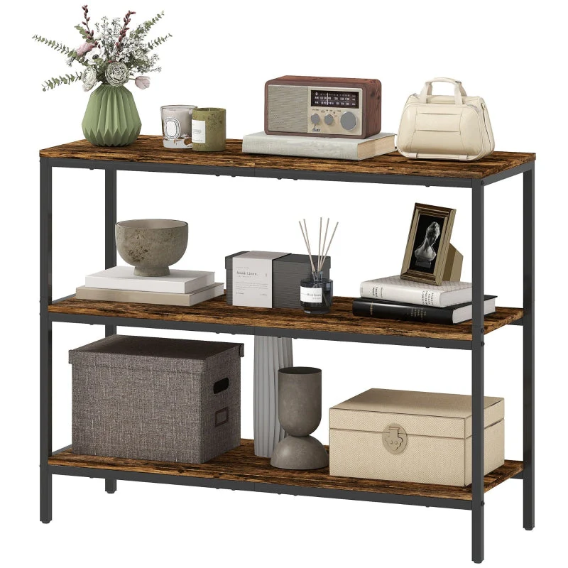 Console Table with 3-tier Shelf, Chipboard and Metal, Light Brown - Image 2