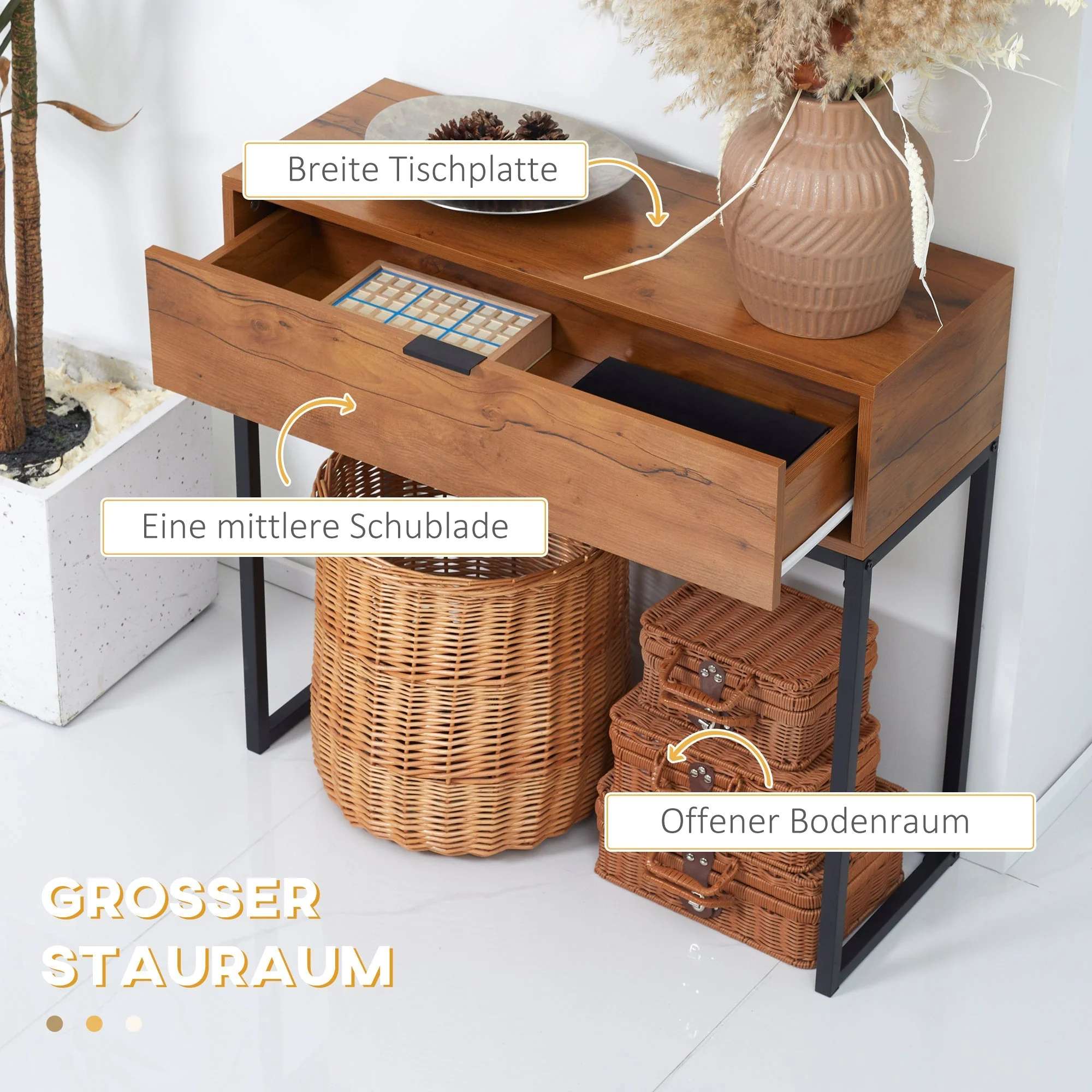 Console Table with Drawer, Sofa Hallway Side Table 80x30x76cm, Natural Wood/Steel - Image 5
