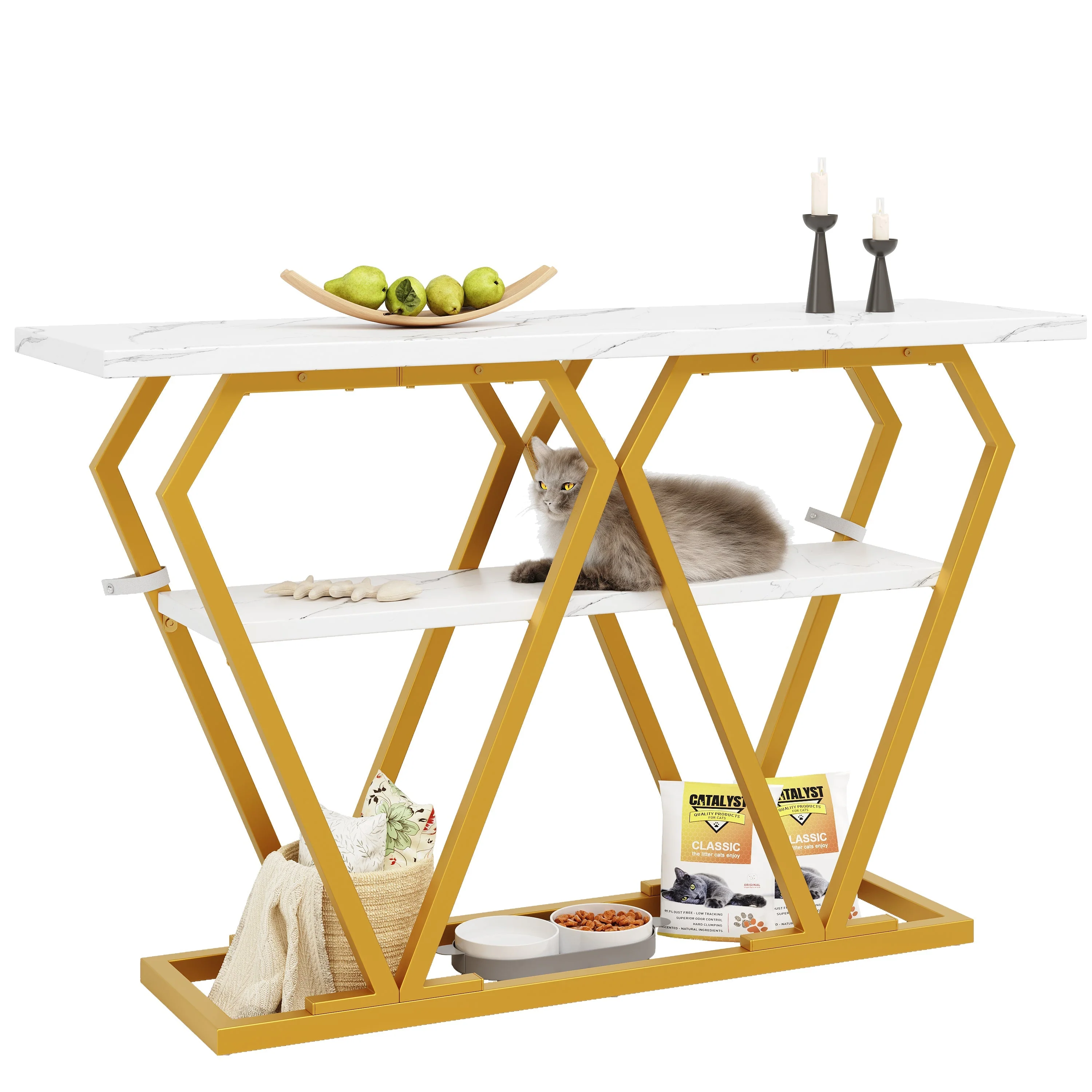Console Table with Integrated Storage and Metal Legs, White Marble Look - Image 7