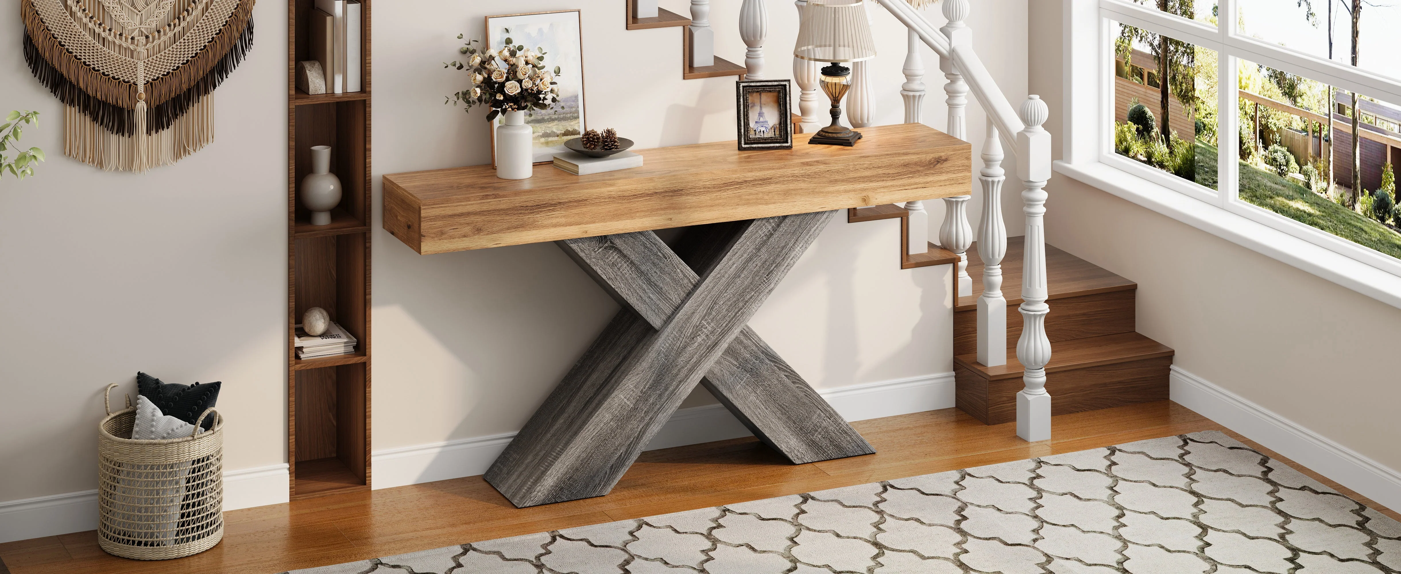 Console Table with X-shaped Legs, Narrow Design for Hallway and Living Room, Wood Look Chipboard - Image 7