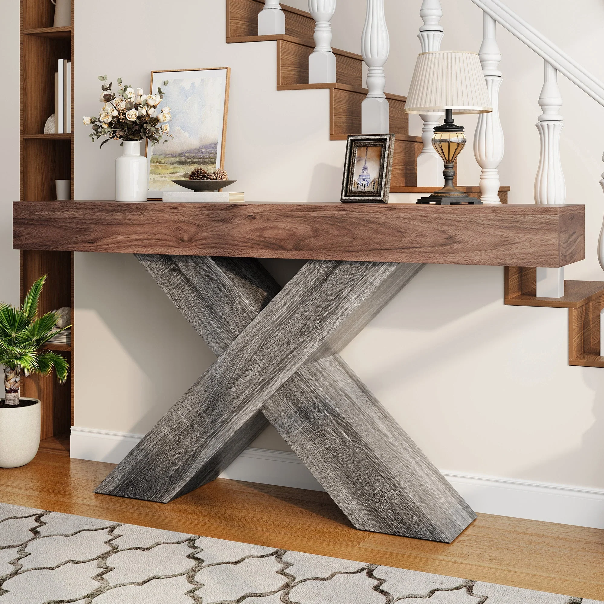 Console Table with X-Shaped Legs, Narrow Side Table for Hallway and Living Room, Wood Look Chipboard - Image 6