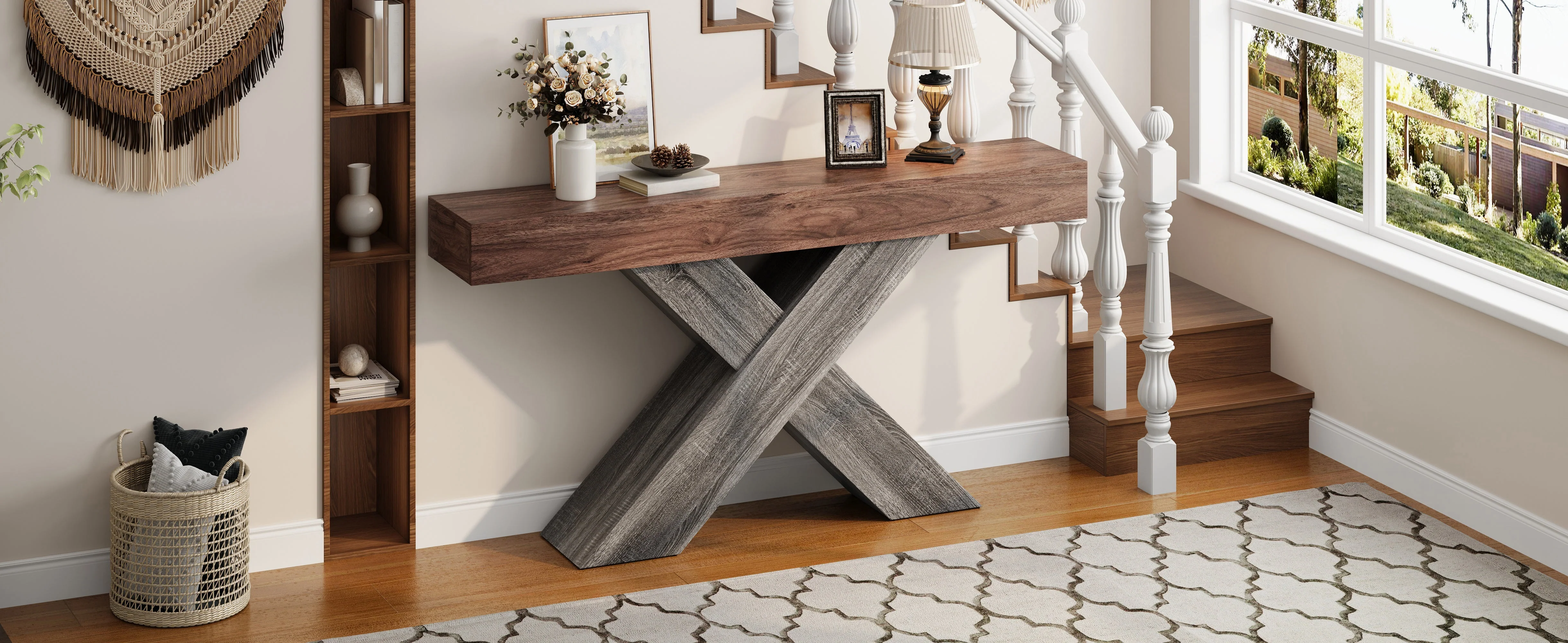 Console Table with X-Shaped Legs, Narrow Side Table for Hallway and Living Room, Wood Look Chipboard - Image 7