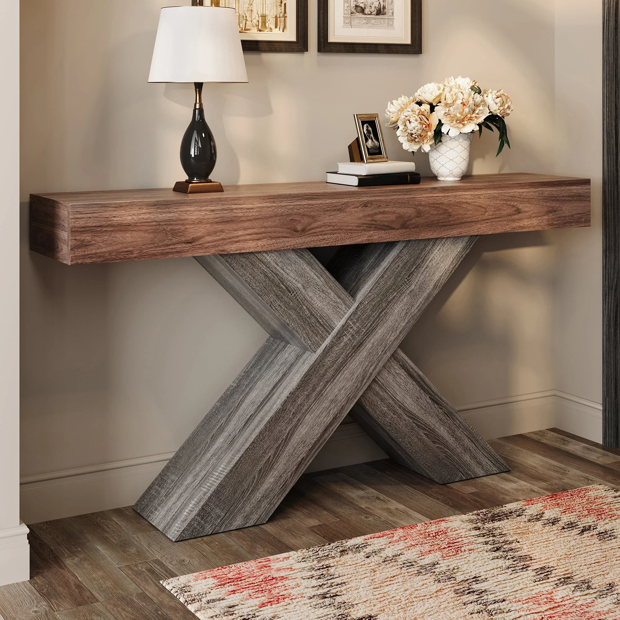 Console Table with X-Shaped Legs, Narrow Side Table for Hallway and Living Room, Wood Look Chipboard - Image 9