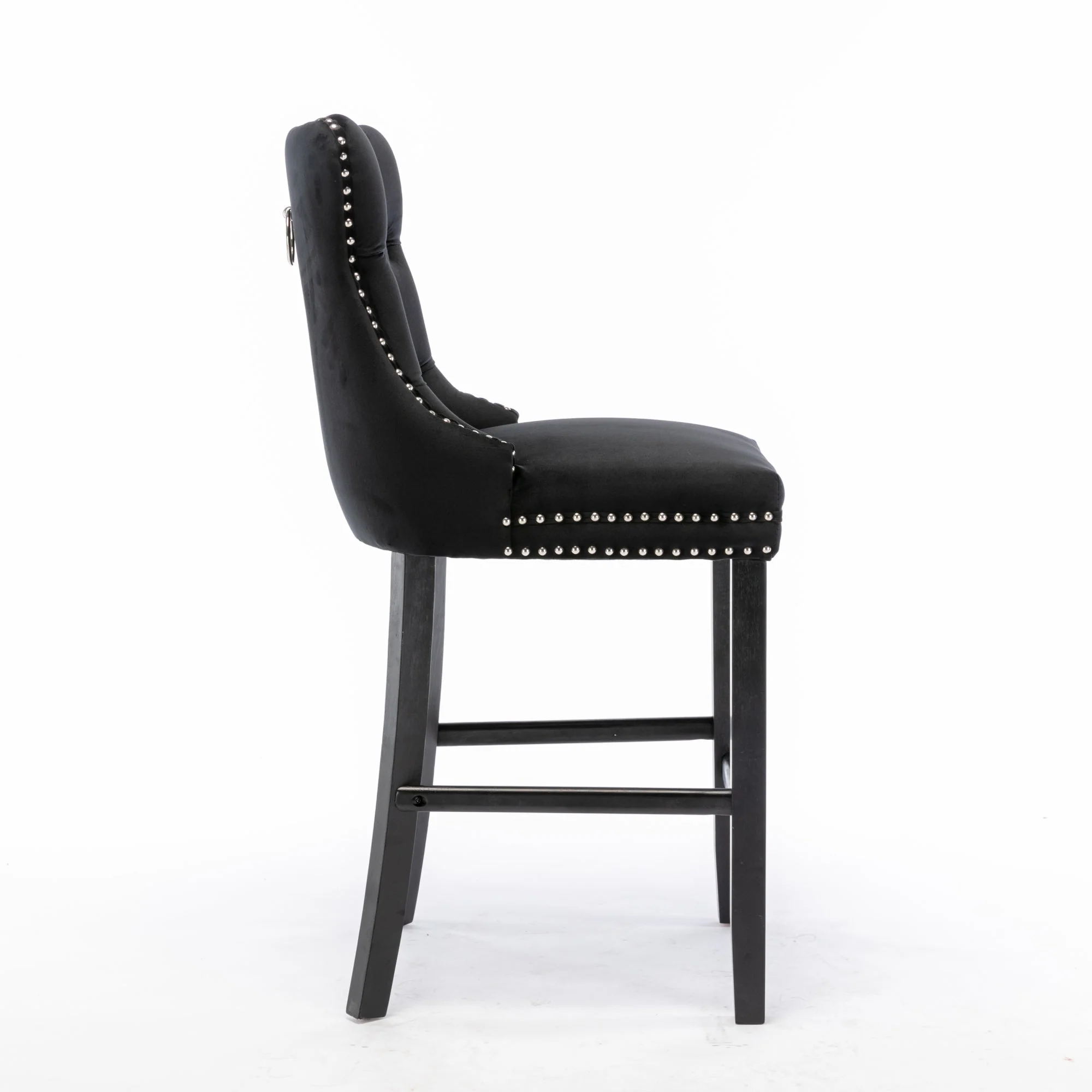 Contemporary Barstools, Button Tufted Wooden Legs Set of 2, Velvet Black - Image 4