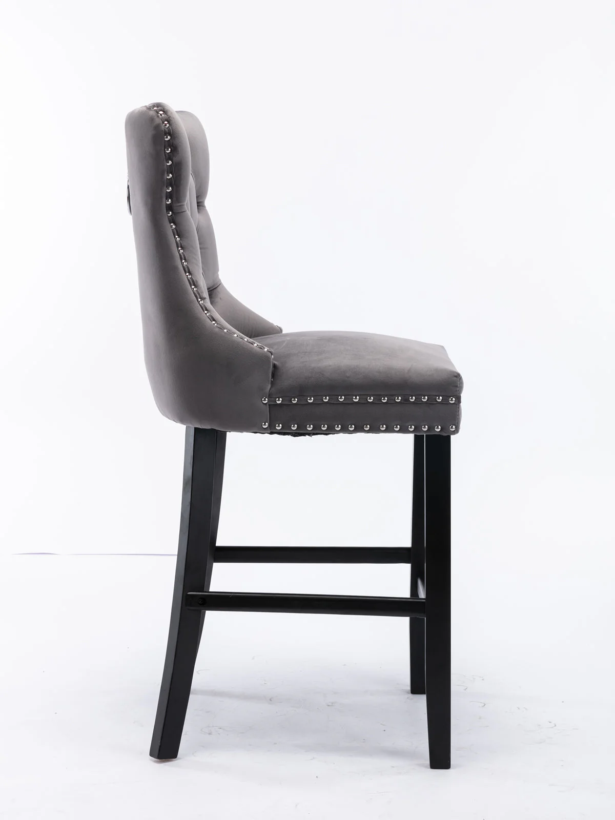 Contemporary Velvet Upholstered Barstools Set of 2 with Button Tufting & Wooden Legs, Gray - Image 4