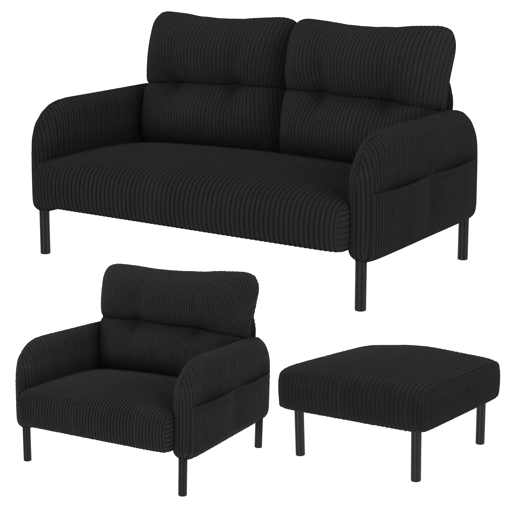 Cord 3-Piece Modular Sofa Set, Deep Seat Comfort Side Pocket, Black - Image 8