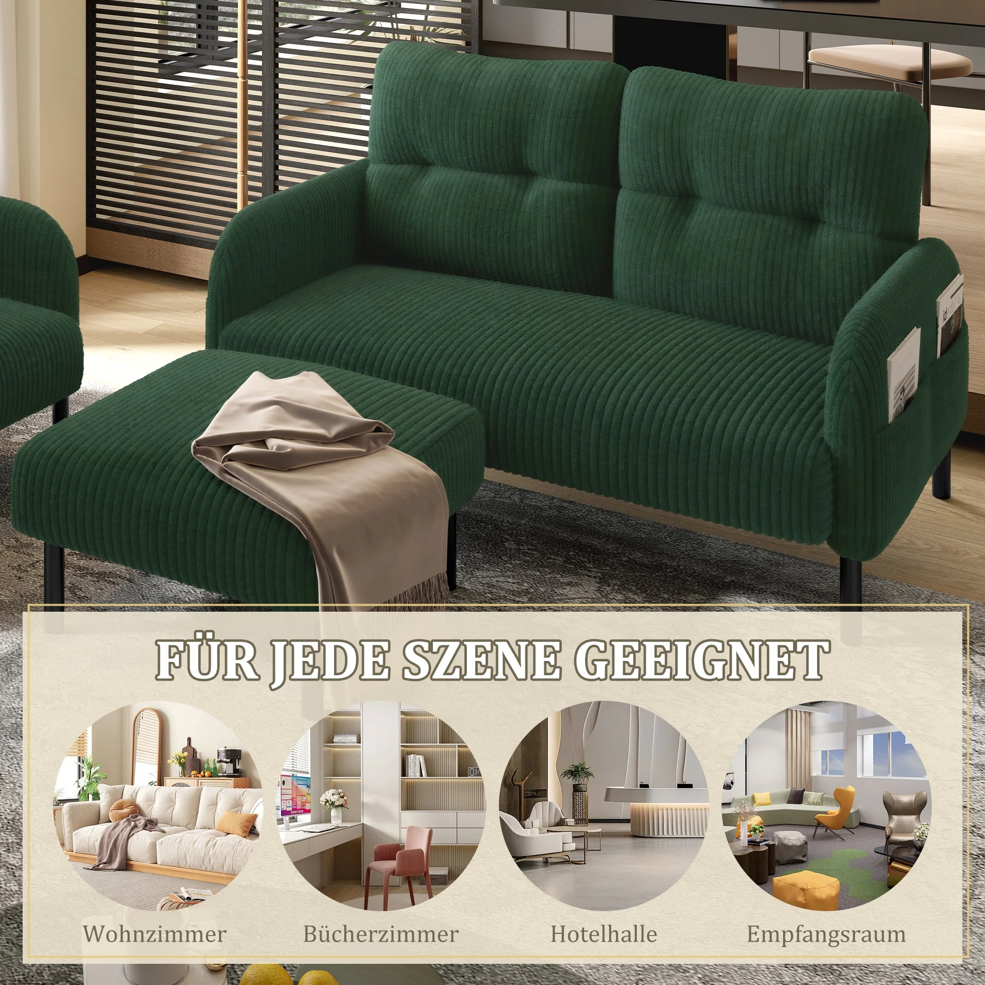 Cord Modular Sofa Set 3-Piece Armchair Footstool 2-Seater Side Pocket Emerald Green - Image 6