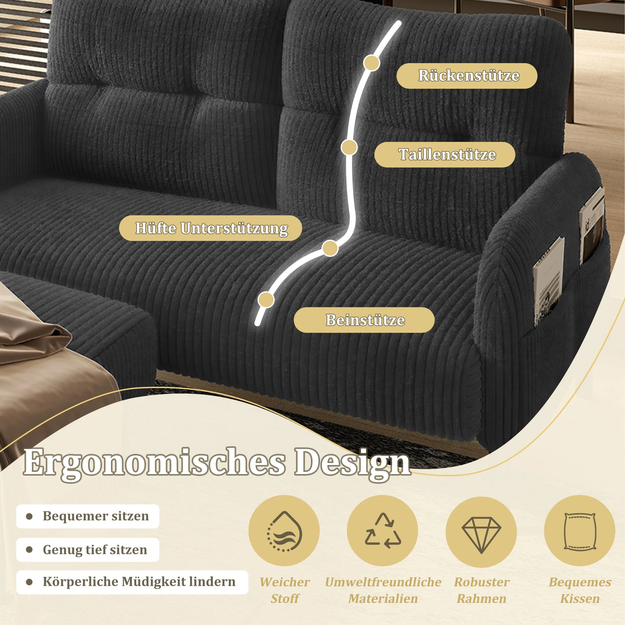 Cord Sofa Set, Modular 3-Piece Deep Seat Side Pocket, Grey Fabric - Image 3