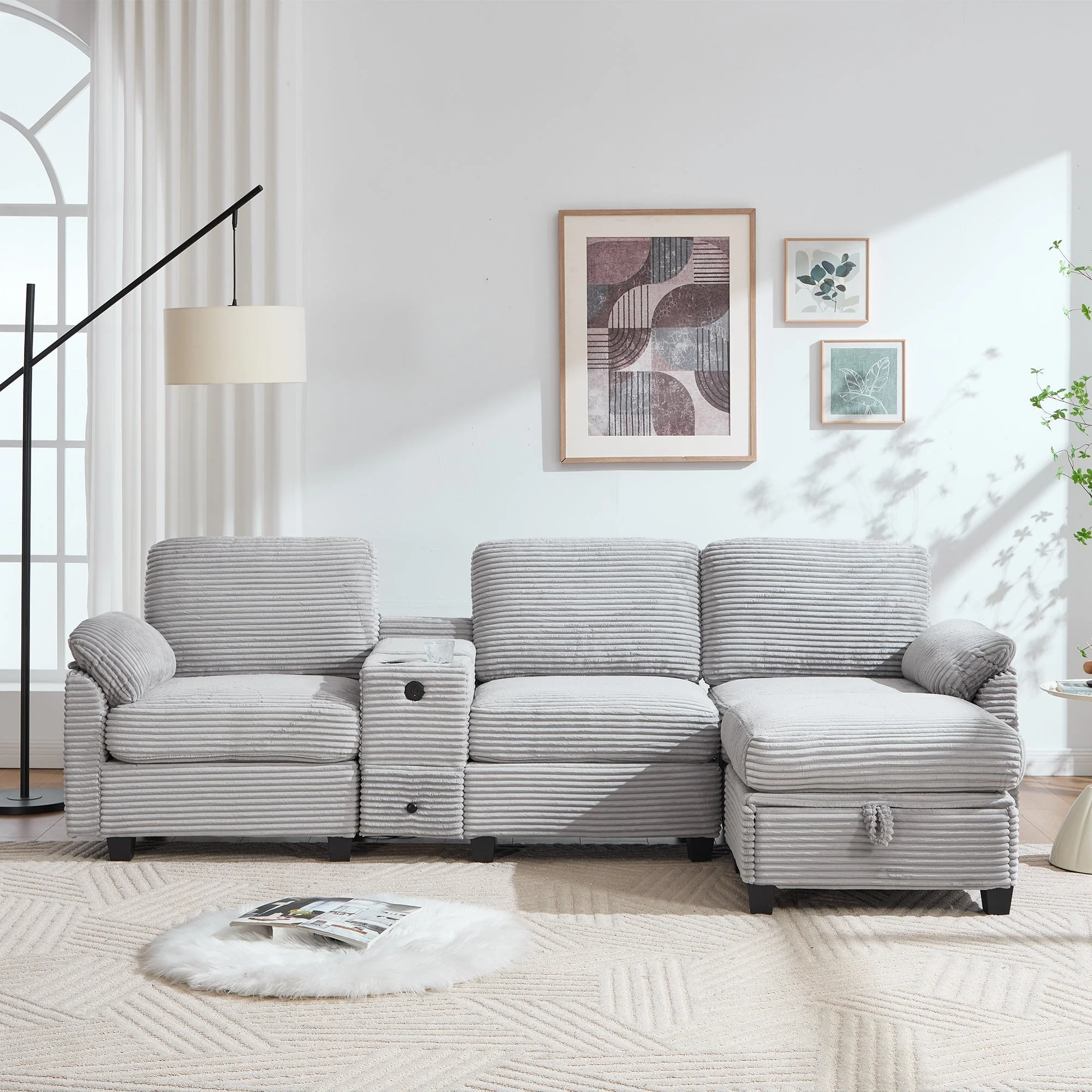 Corduroy Sofa Large Comfort Foam Console USB-C Storage Drawer Ottoman - Image 9