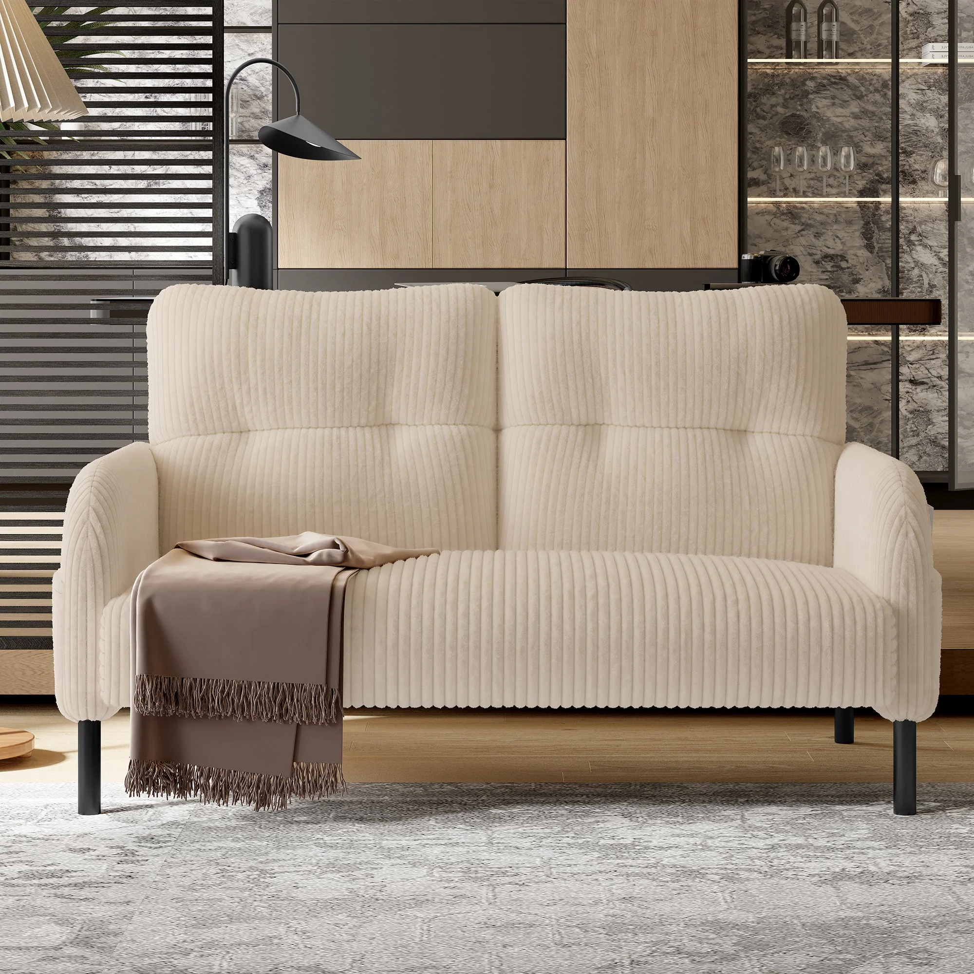 Corduroy Two-Seater Sofa, Comfort Padding High Back Side Pockets, Metal Feet - Image 8