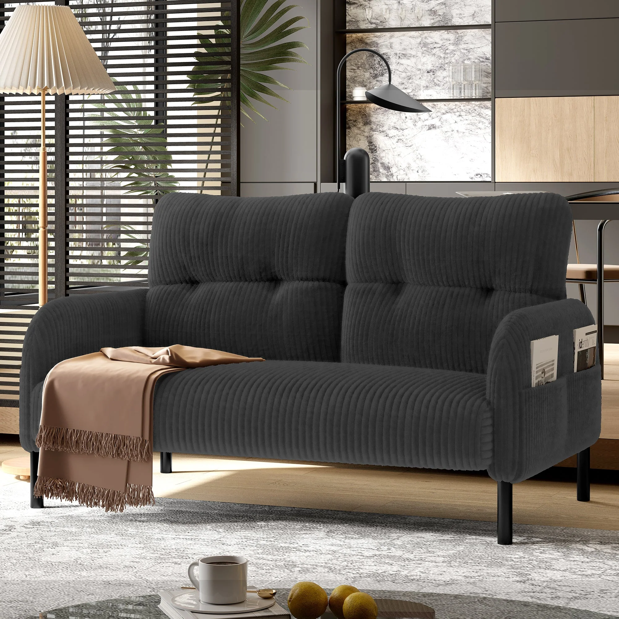 Corduroy Two-Seater Sofa, Comfort Padding High Backrest Side Pockets, Metal Feet