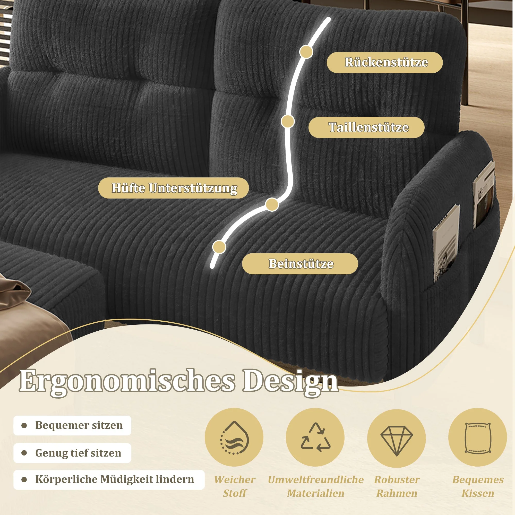Corduroy Two-Seater Sofa, Comfort Padding High Backrest Side Pockets, Metal Feet - Image 5