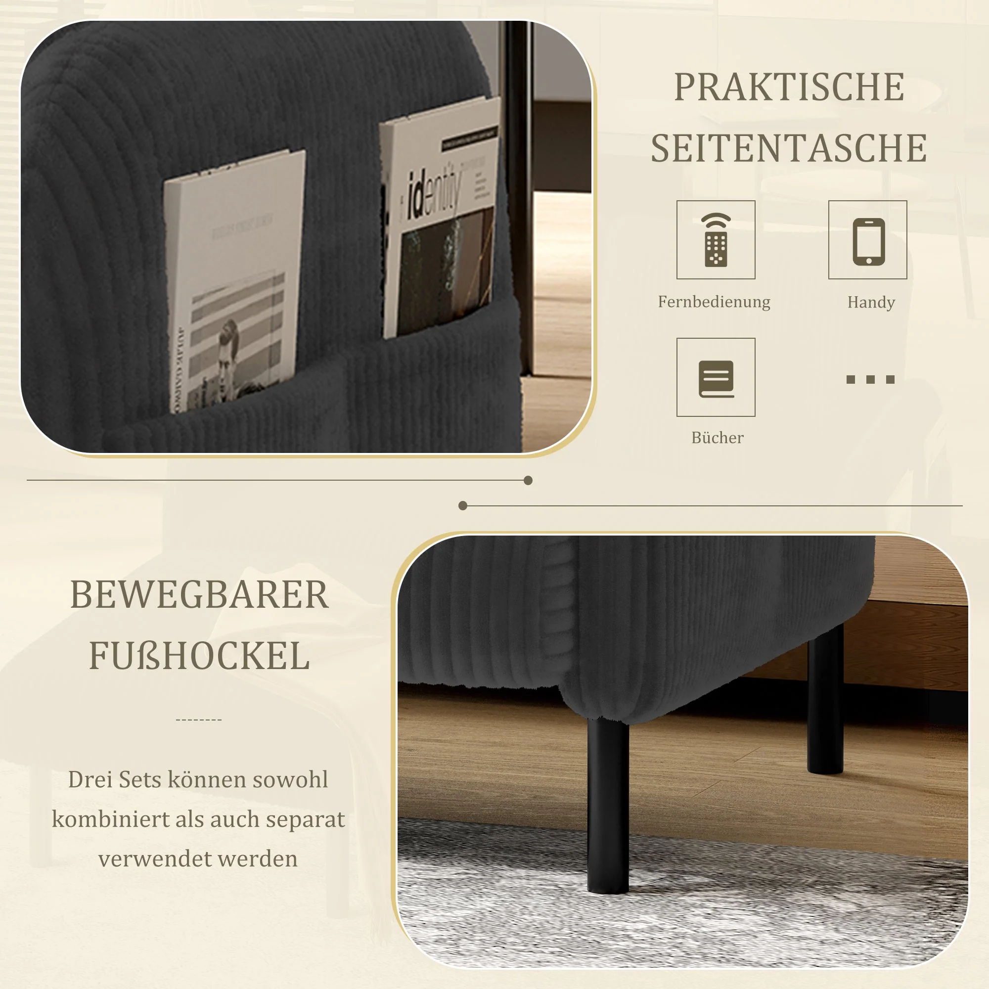 Corduroy Two-Seater Sofa, Comfort Padding High Backrest Side Pockets, Metal Feet - Image 7