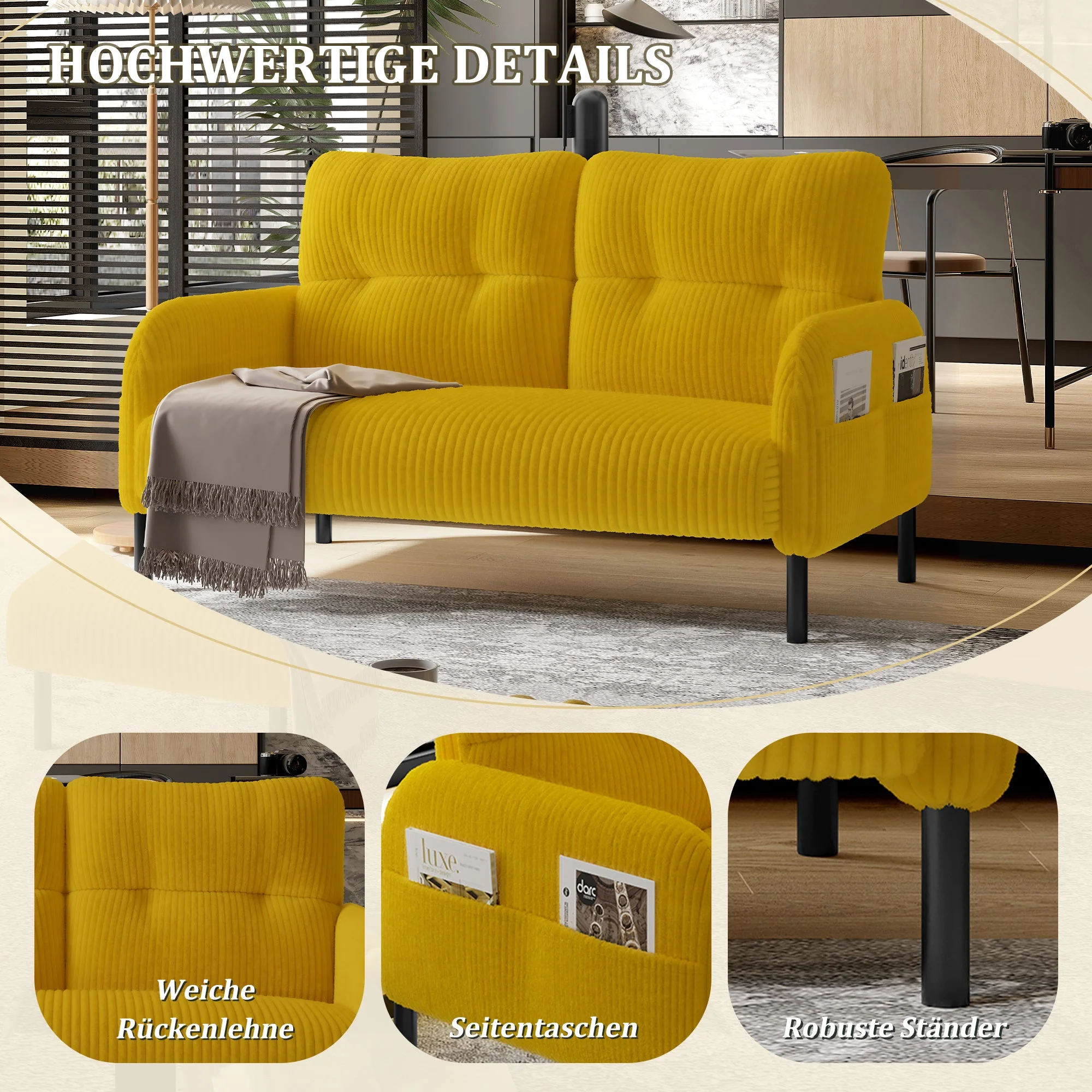 Corduroy Two-Seater Sofa Comfort Padding High Backrest Side Pockets Metal Feet, Corduroy Fabric - Image 4