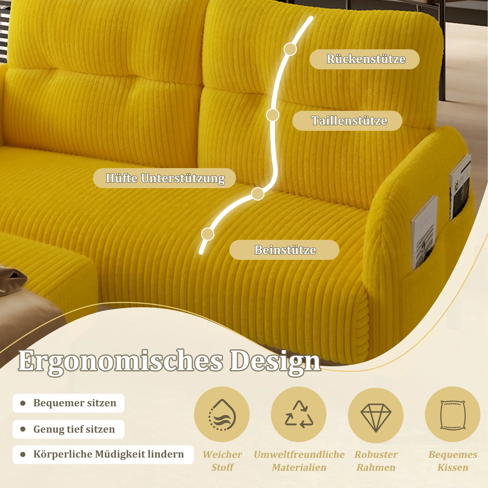 Corduroy Two-Seater Sofa Comfort Padding High Backrest Side Pockets Metal Feet, Corduroy Fabric - Image 5
