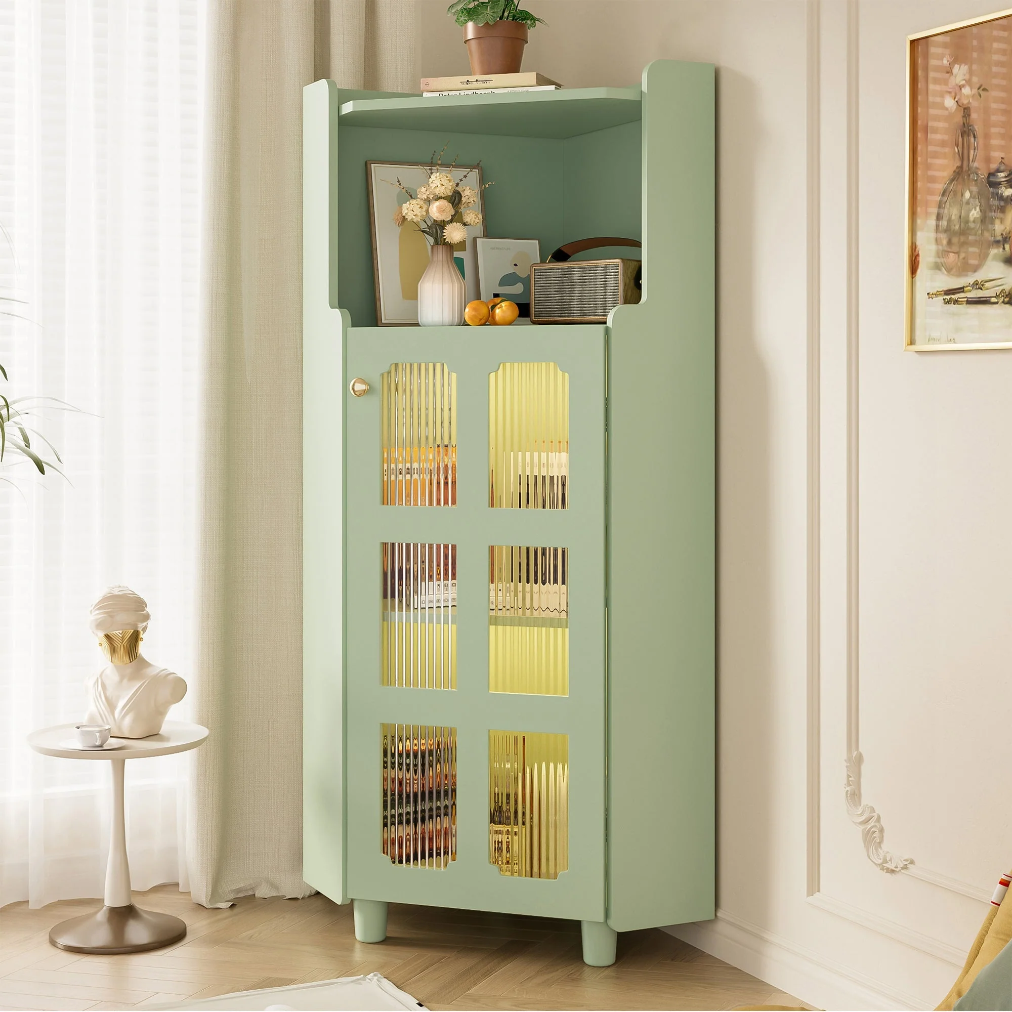 Corner Cabinet LED App Control Lacquered Finish 63.5x124cm - Green - Image 4