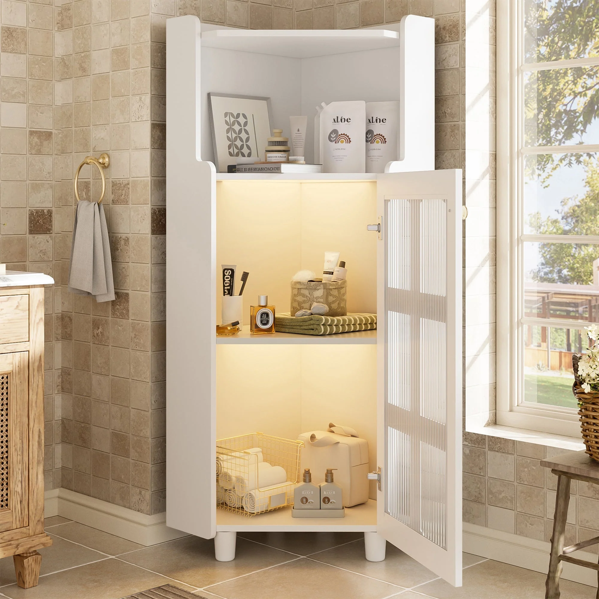 Corner Cabinet LED Lighting App Control Lacquered 63.5x124cm - White