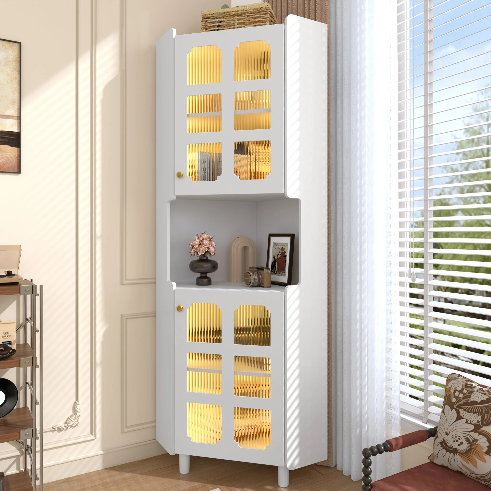 Corner Cabinet LED Multifunctional Storage - White Lacquer Finish - Image 2