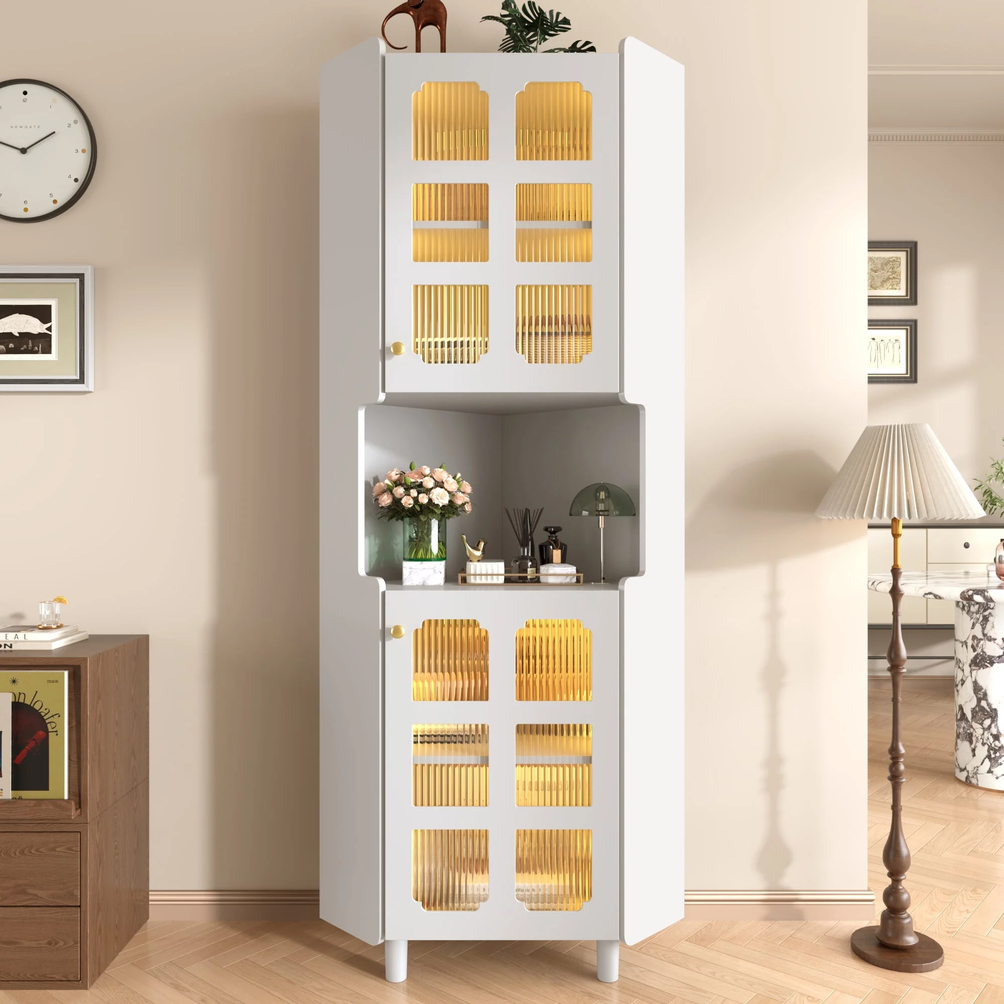 Corner Cabinet LED Multifunctional Storage - White Lacquer Finish - Image 4