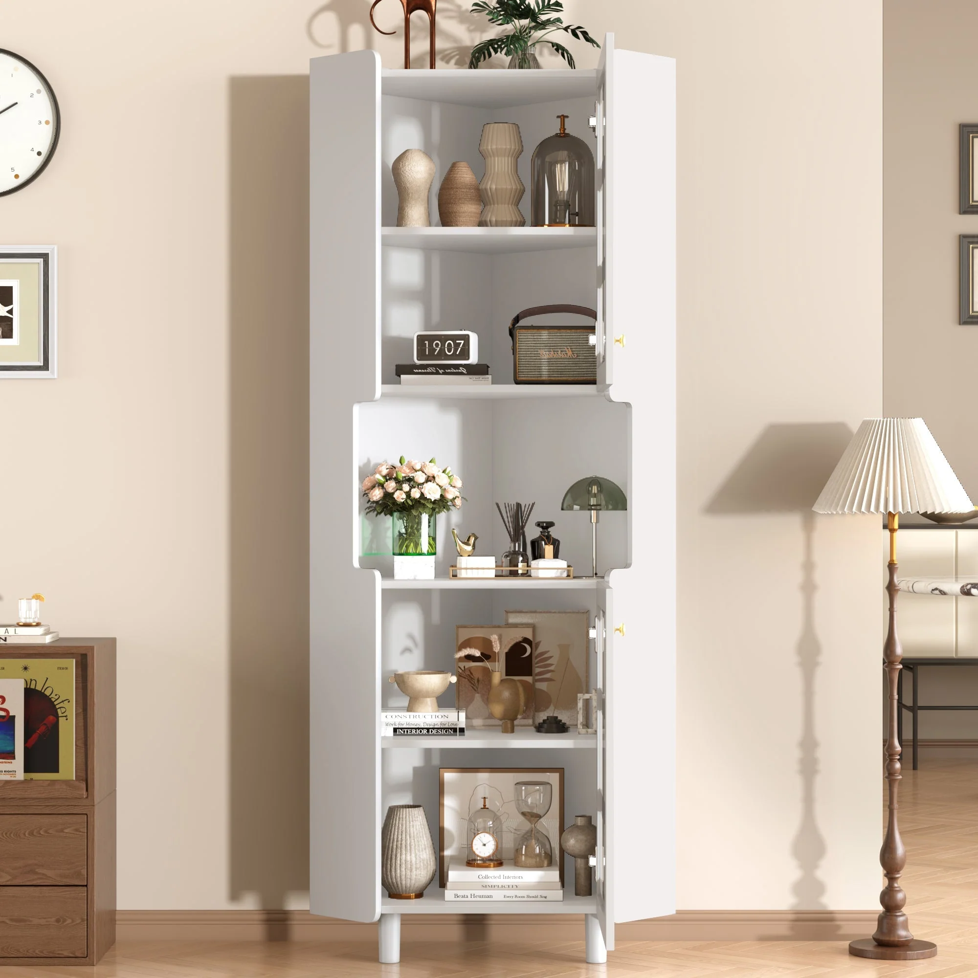 Corner Cabinet LED Multifunctional Storage - White Lacquer Finish - Image 5