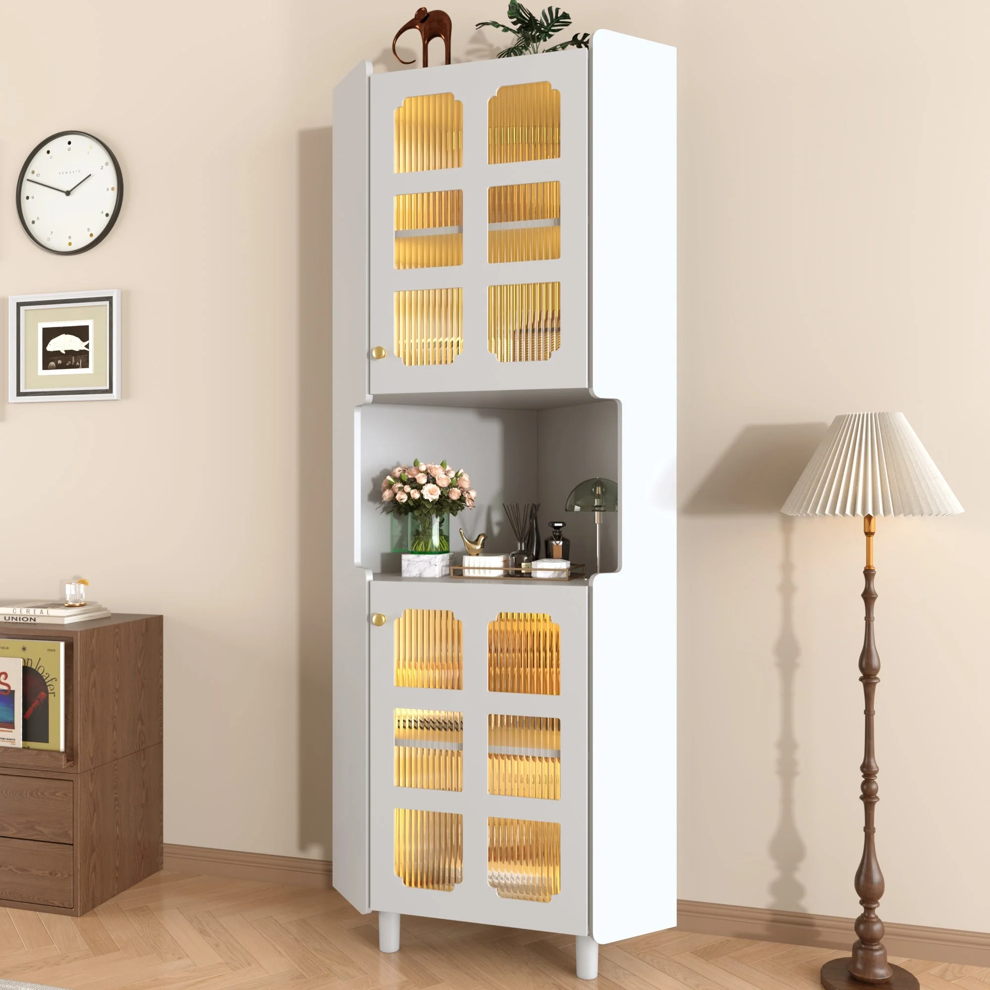 Corner Cabinet LED Multifunctional Storage - White Lacquer Finish - Image 9
