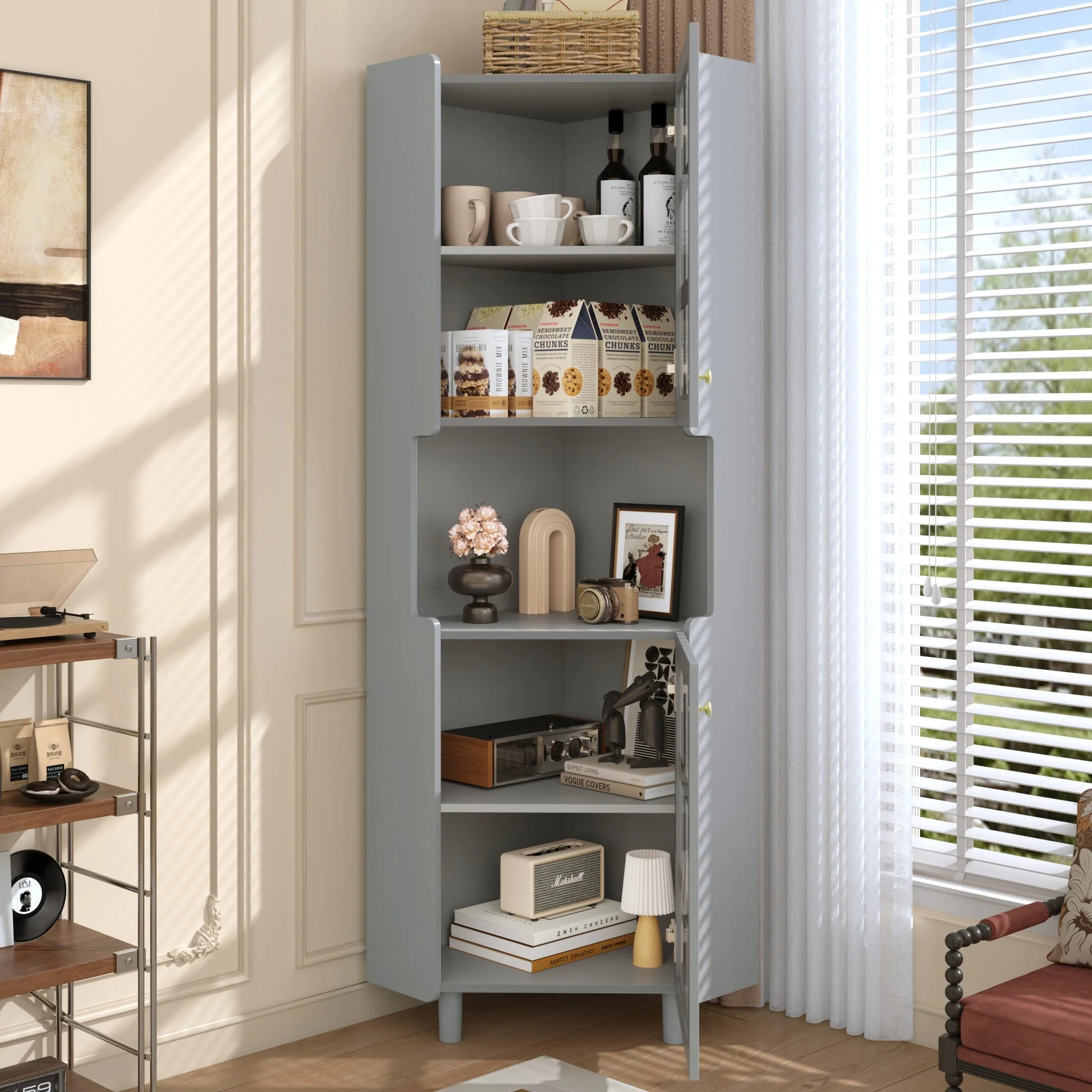 Corner Cabinet Multifunctional Storage LED Lacquer - Grey - Image 10