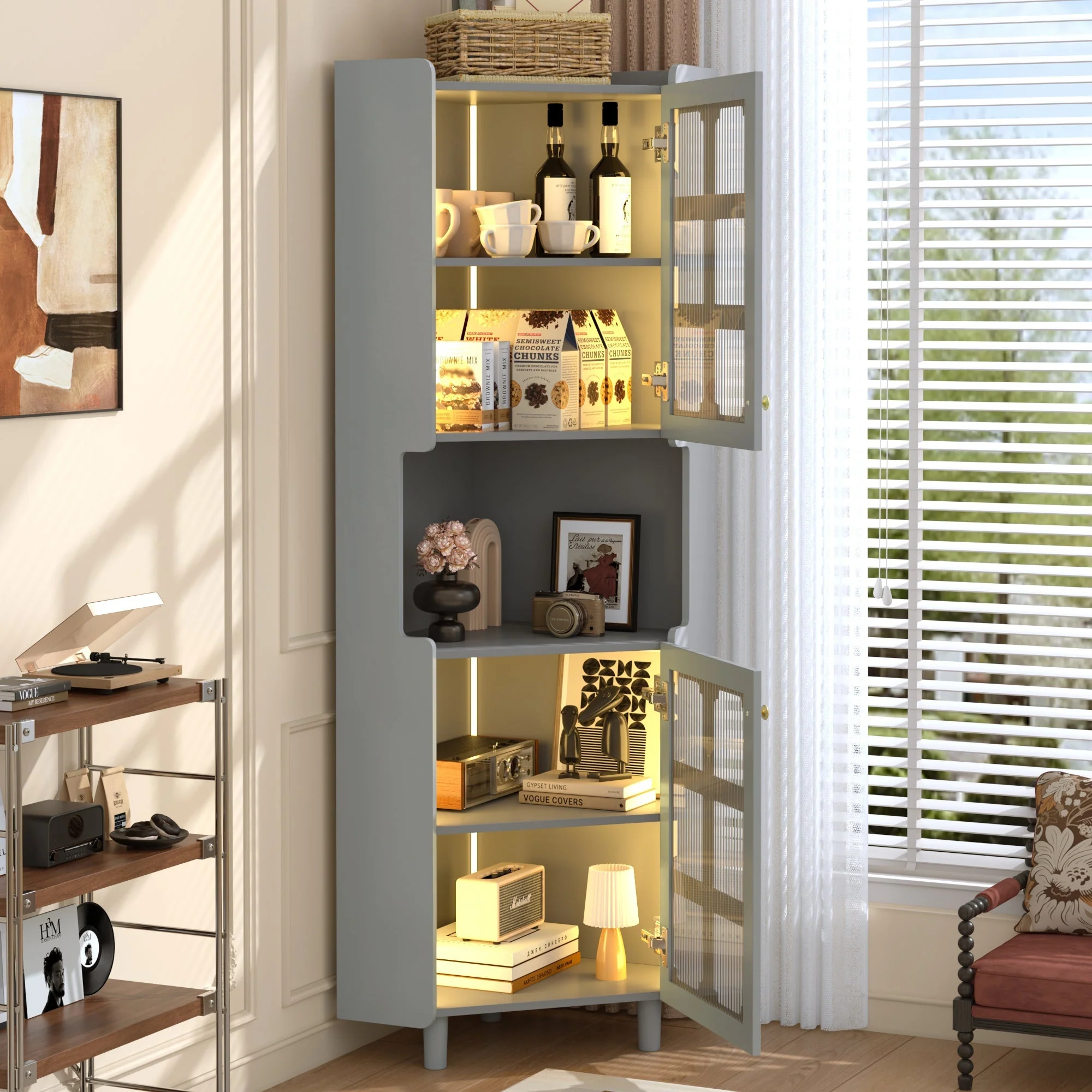 Corner Cabinet Multifunctional Storage LED Lacquer - Grey - Image 2