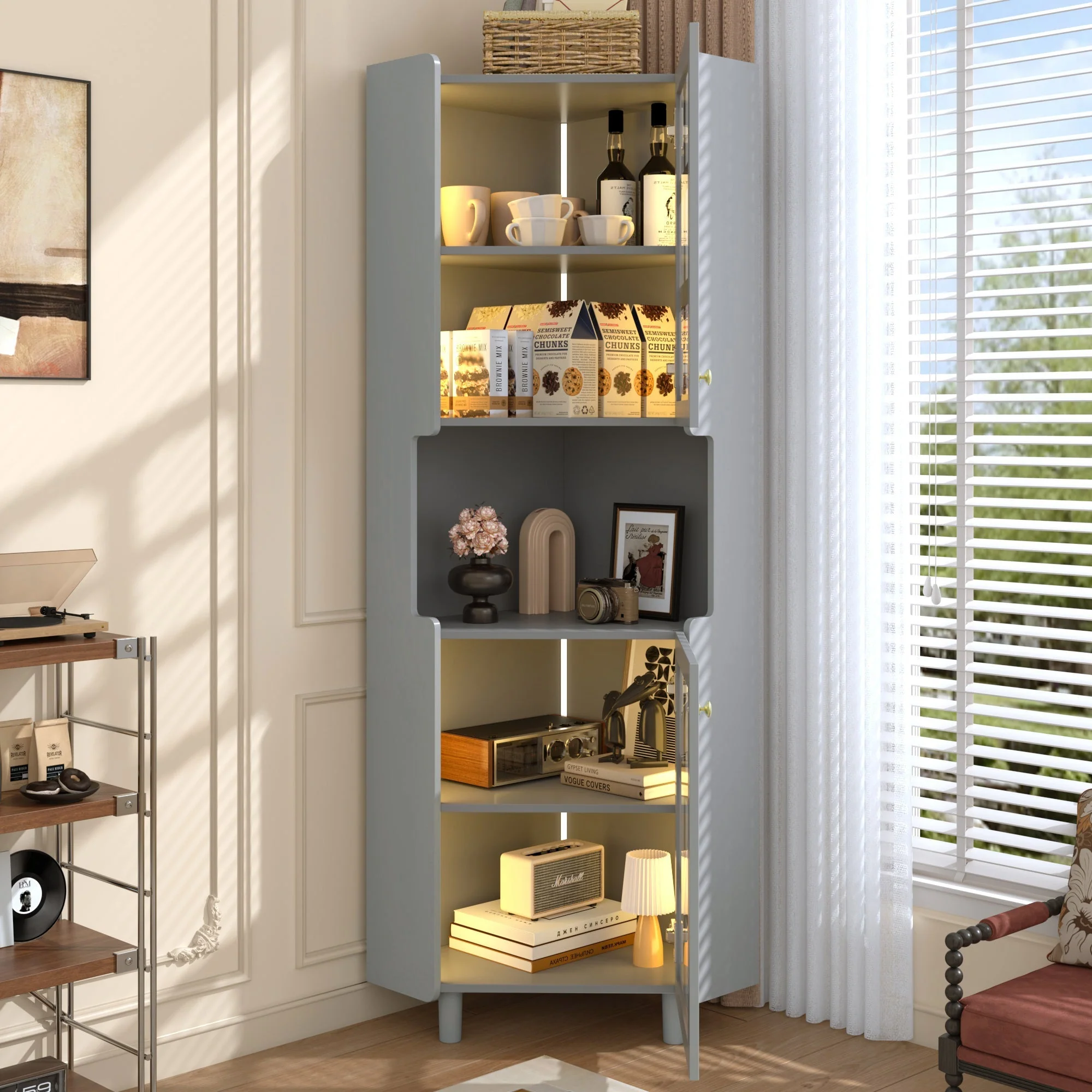 Corner Cabinet Multifunctional Storage LED Lacquer - Grey - Image 5