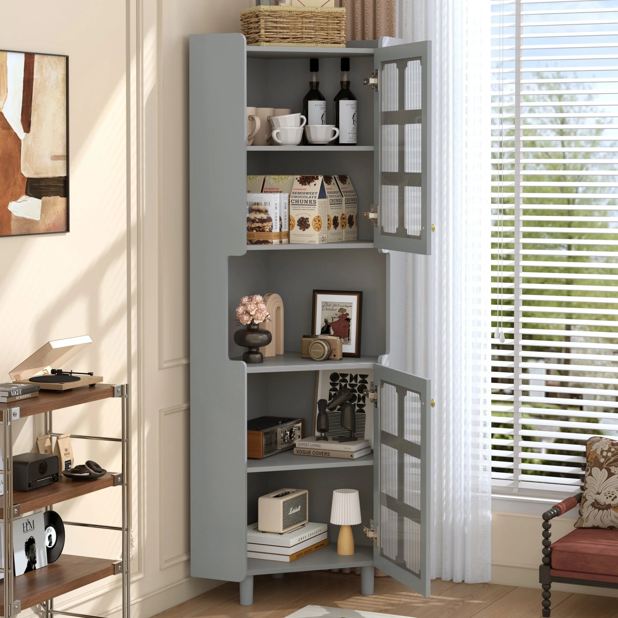 Corner Cabinet Multifunctional Storage LED Lacquer - Grey - Image 9