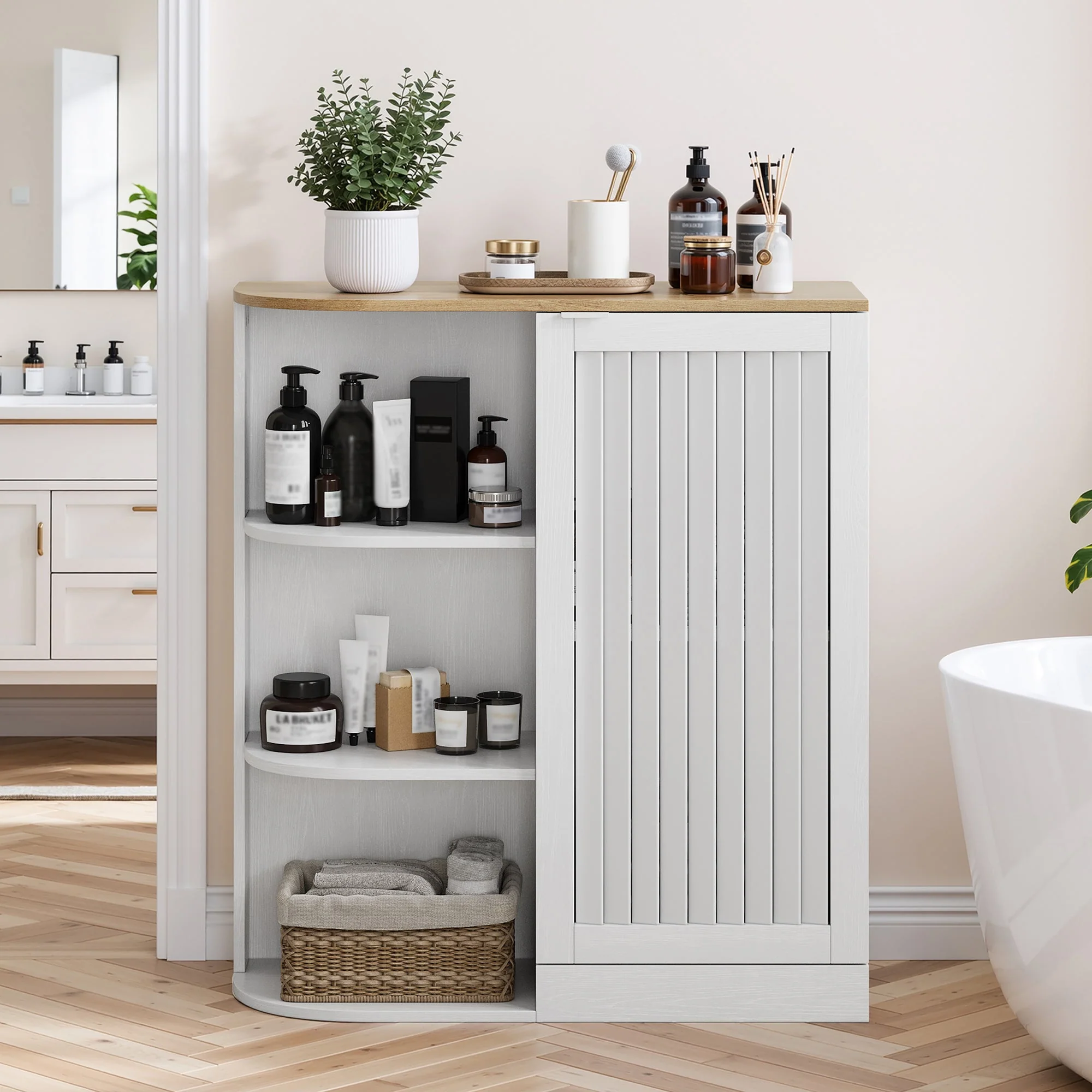 Corner Cabinet with Mesh Doors and Adjustable Shelves, White and Oak - Image 3