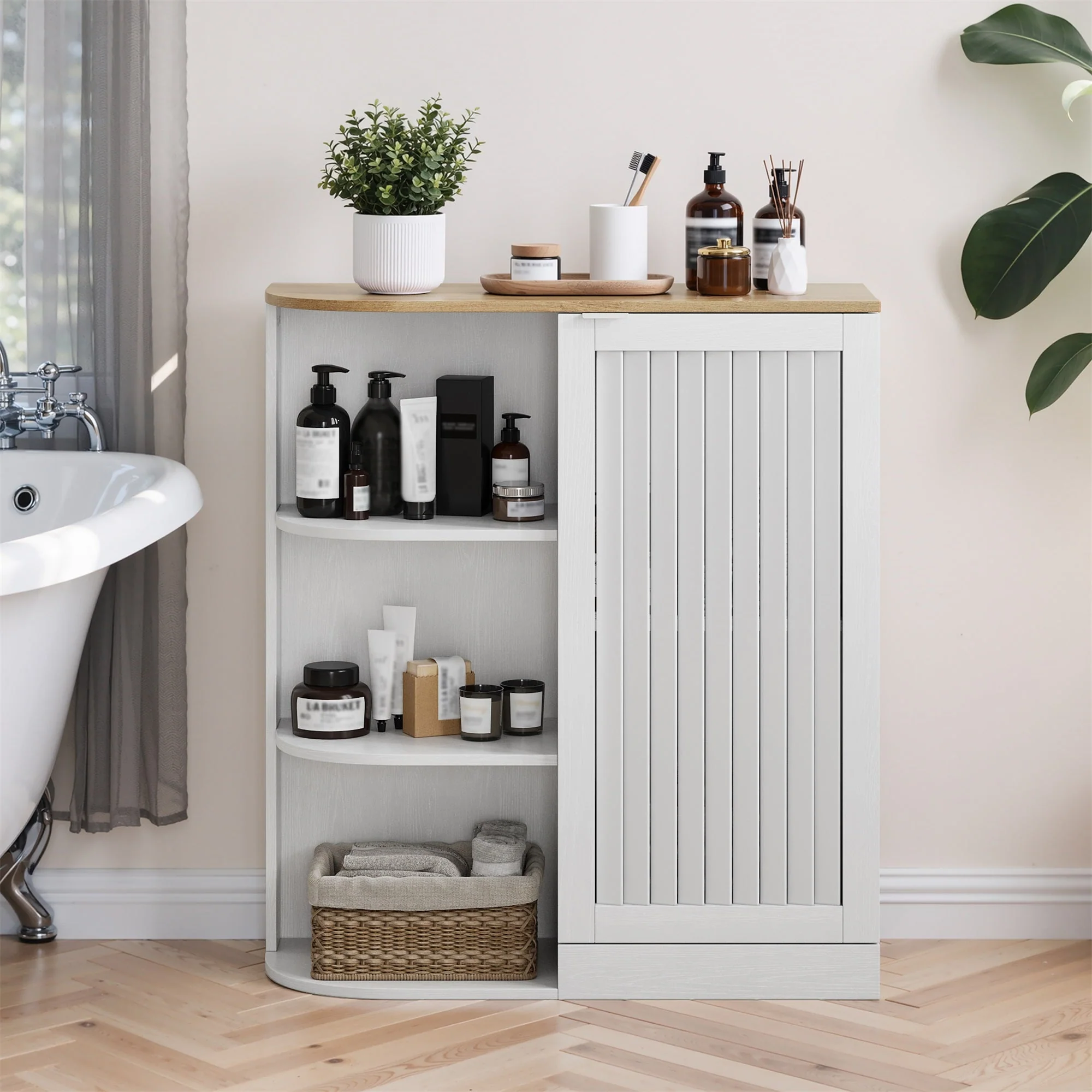 Corner Cabinet with Mesh Doors and Adjustable Shelves, White and Oak - Image 6