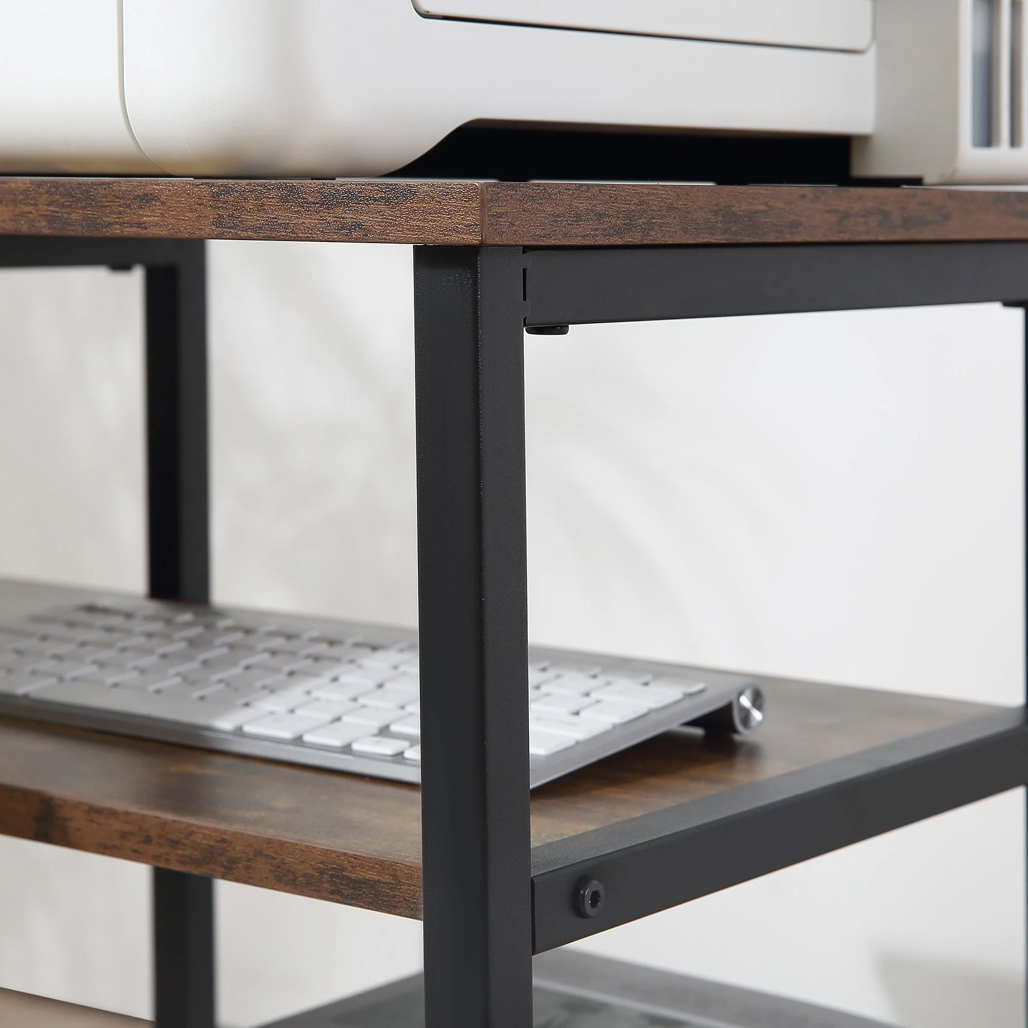Corner Desk with Shelf and Drawer, L-Shaped, Rustic Brown Chipboard Metal - Image 8