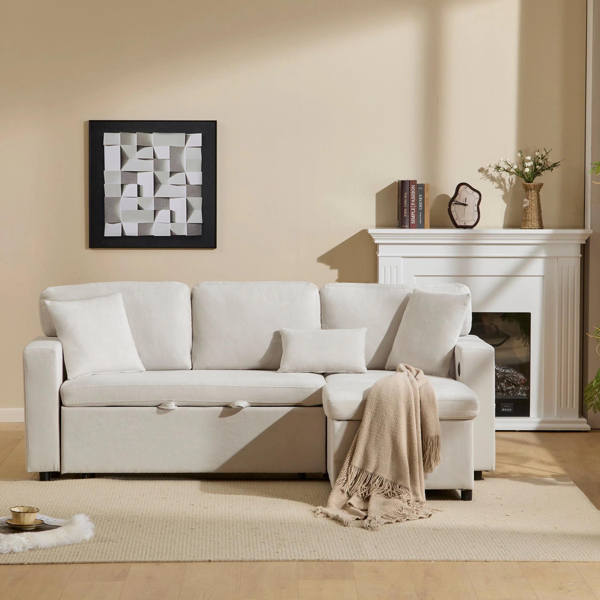 Corner Sofa Bed L-Shape Extendable Storage & Shelf - Beige - Image 9