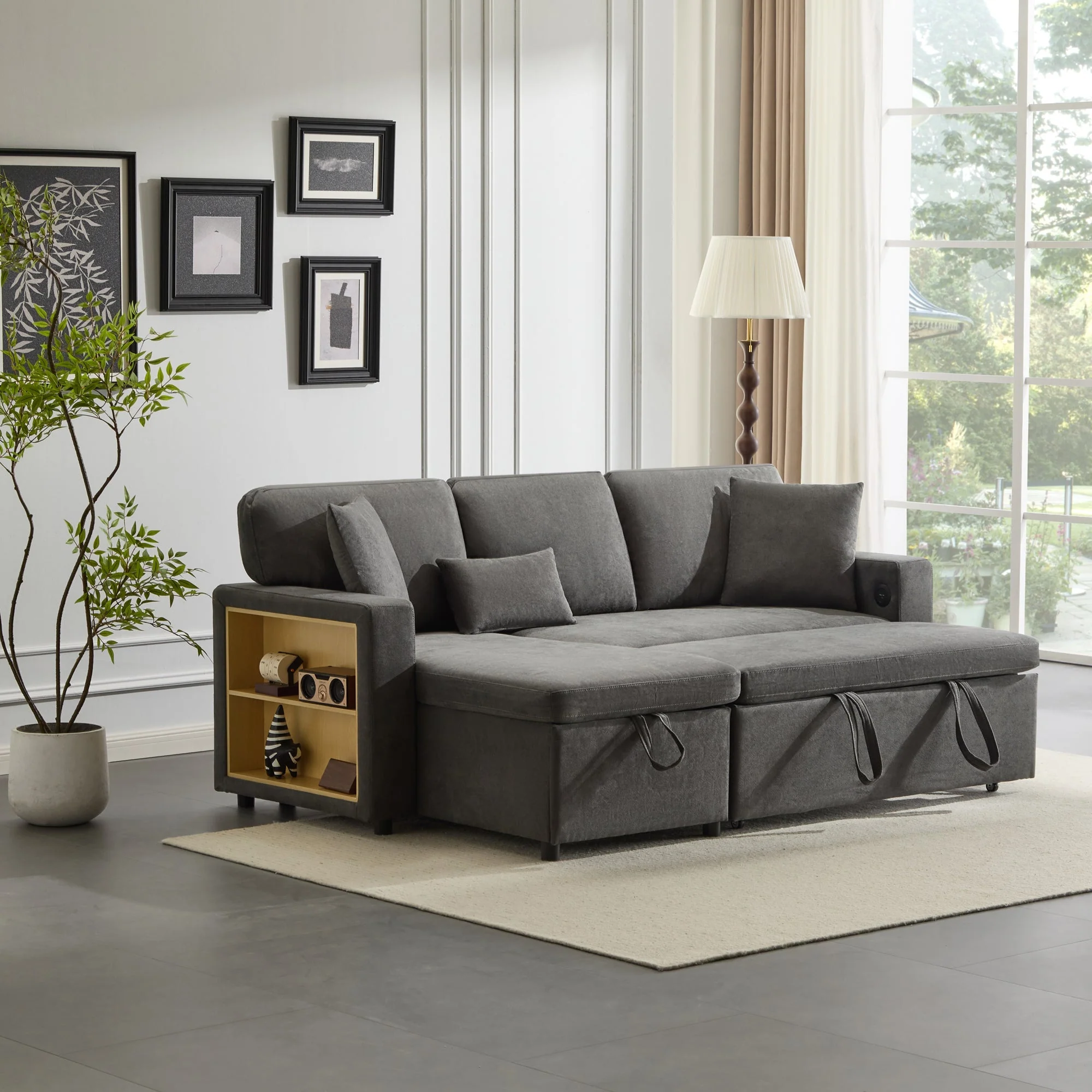 Corner Sofa Bed, L-Shaped Extendable with Storage & Shelf, Dark Grey - Image 10