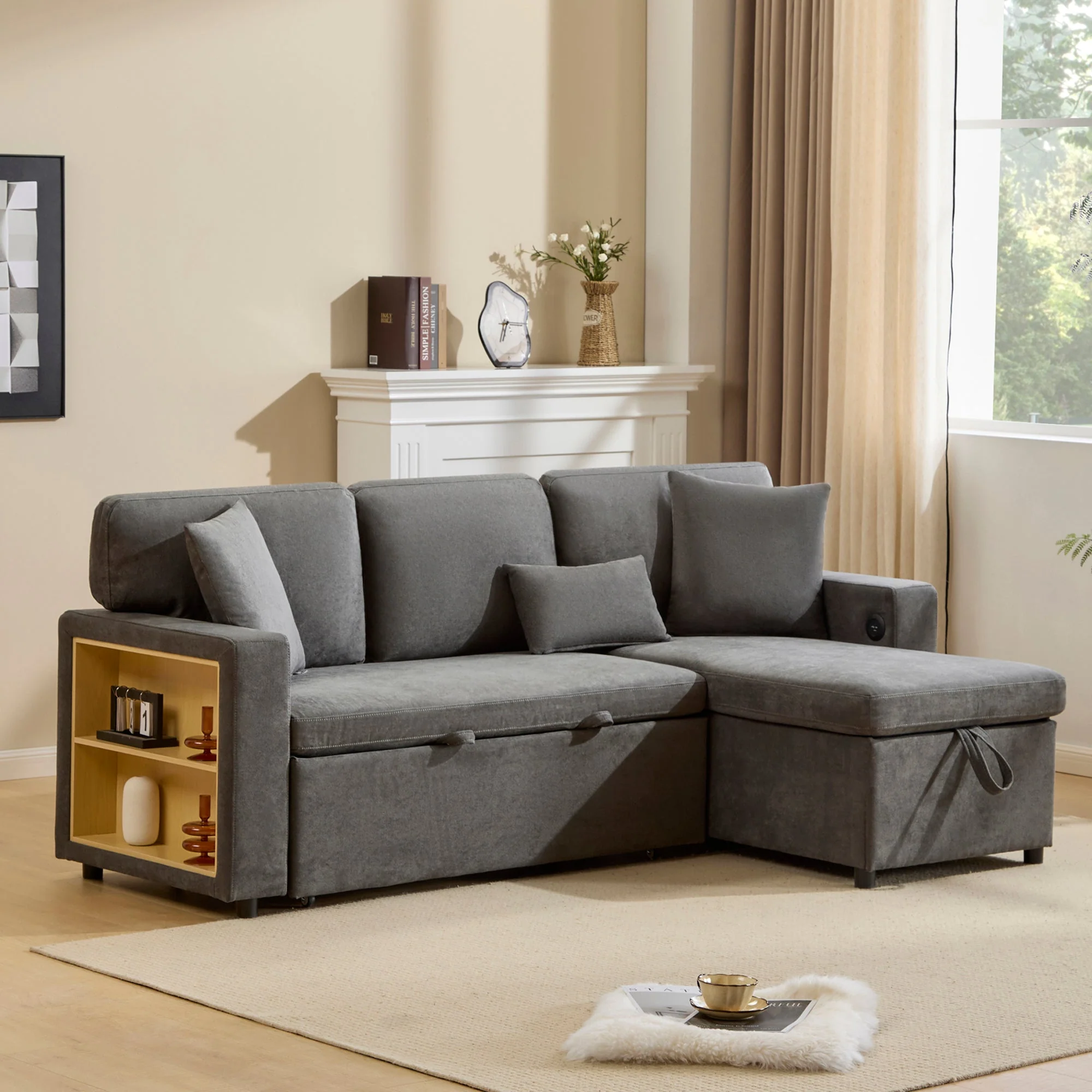 Corner Sofa Bed, L-Shaped Extendable with Storage & Shelf, Dark Grey - Image 7
