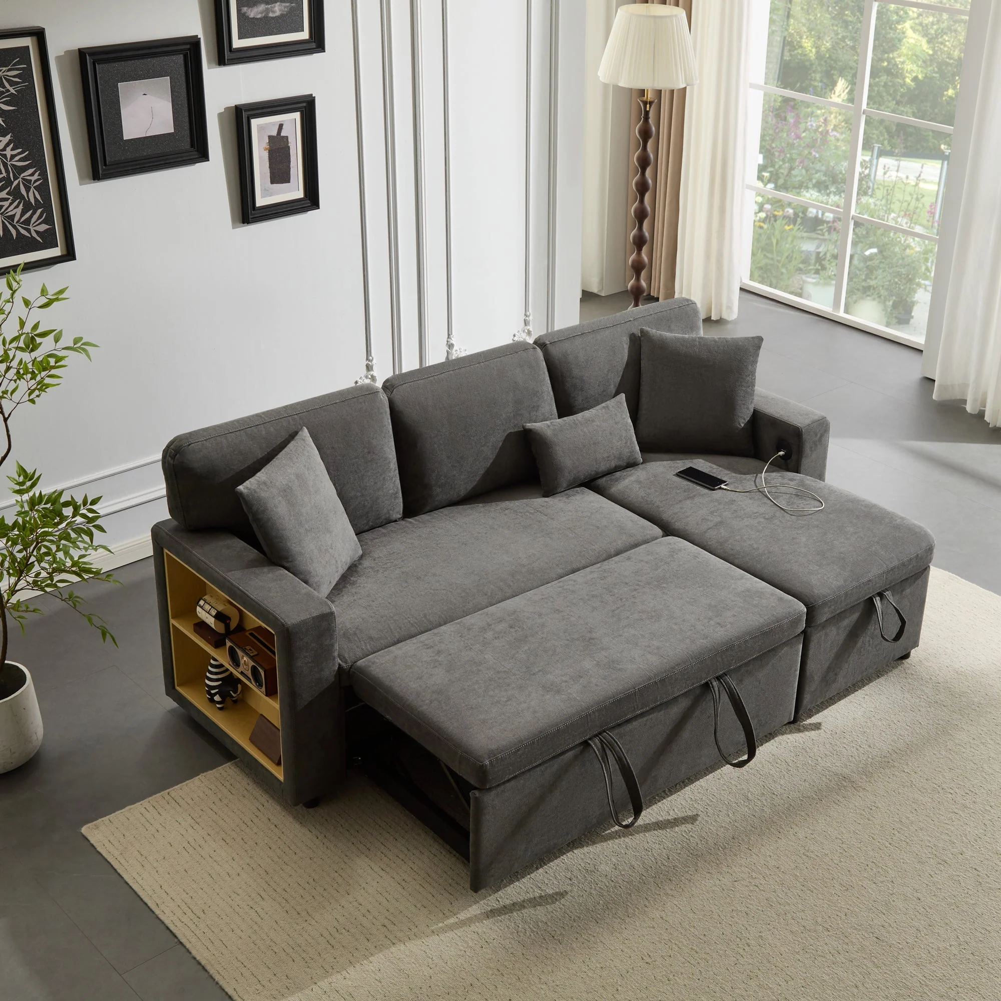 Corner Sofa Bed, L-Shaped Extendable with Storage & Shelf, Dark Grey - Image 9