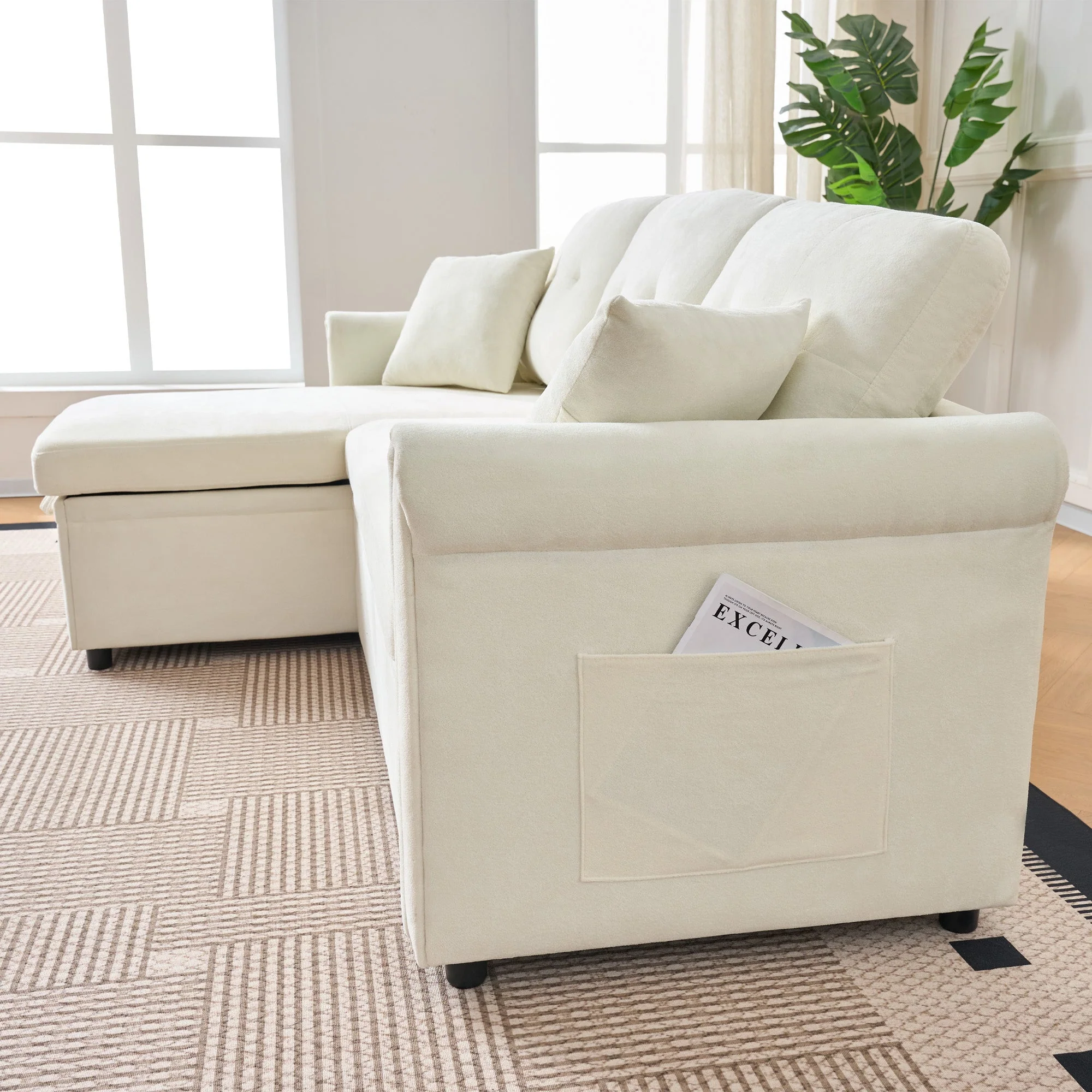 Corner Sofa L-Shape Storage Sleeping Function Reversible - Chenille Beige - Image 10